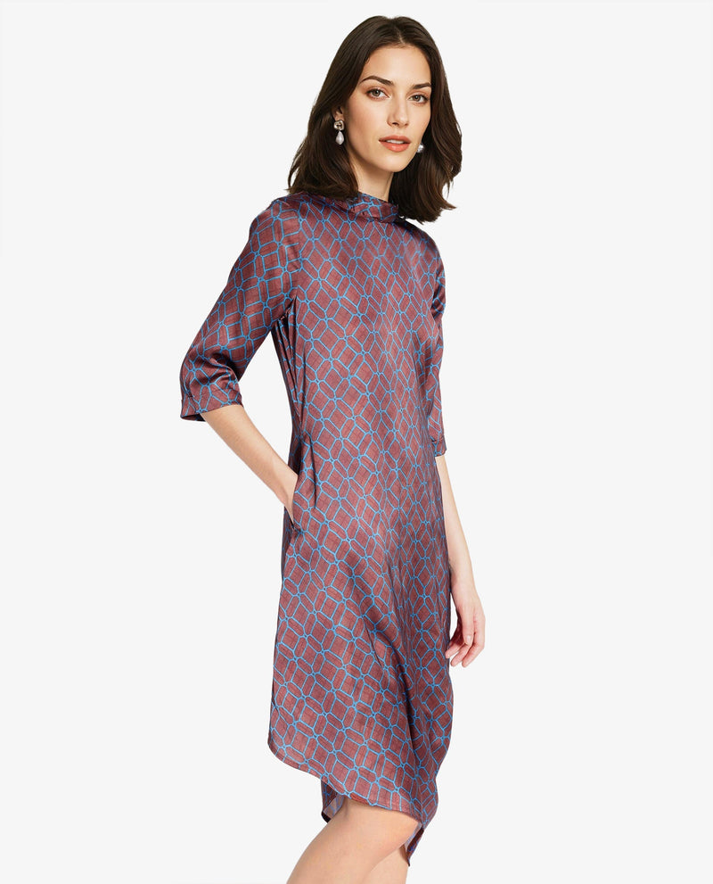 Rareism Women Mullivio Brown 3/4Th Sleeve High Neck Zipper Relaxed Fit Geometric Print Midi Dress