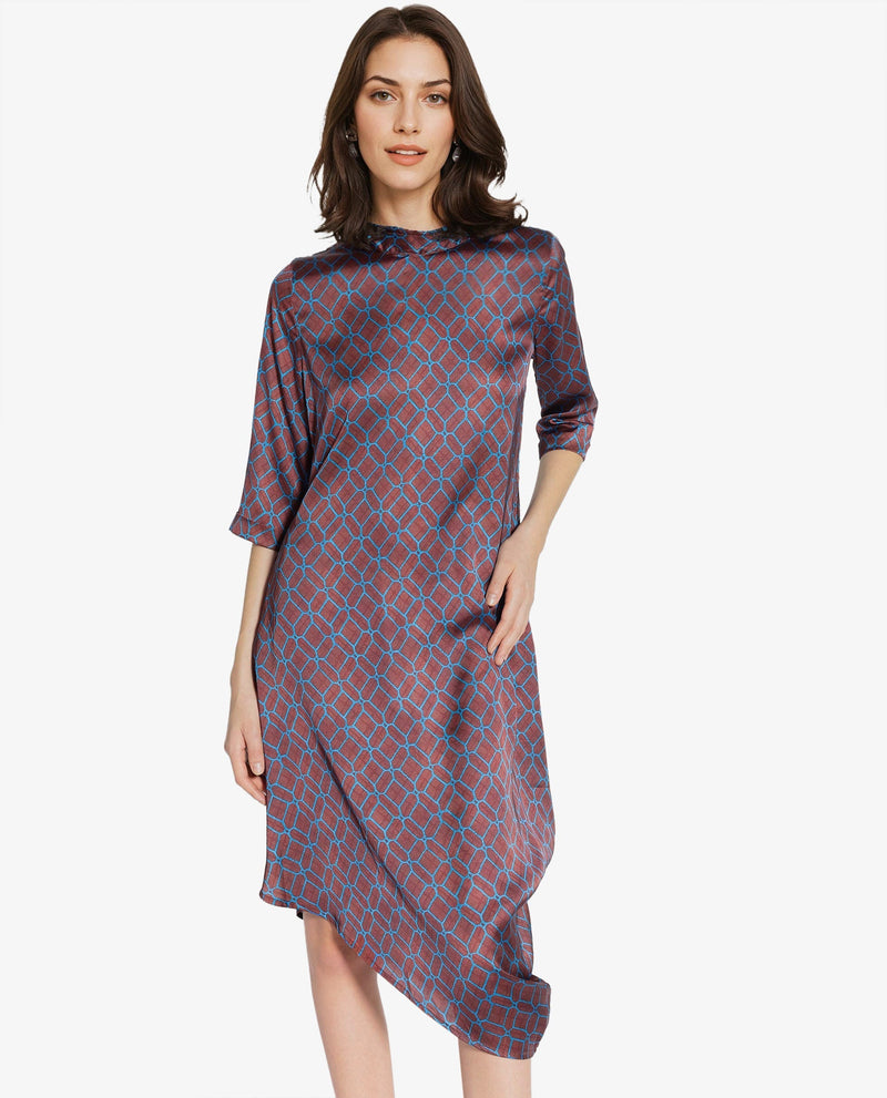 Rareism Women Mullivio Brown 3/4Th Sleeve High Neck Zipper Relaxed Fit Geometric Print Midi Dress