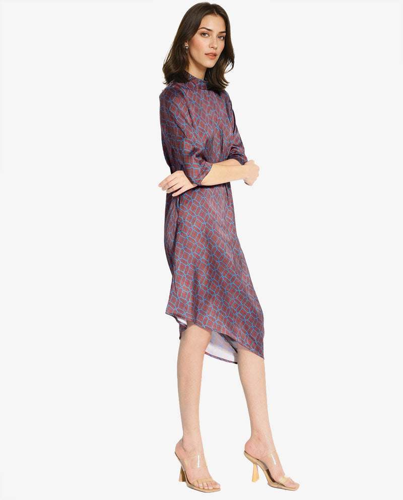 Rareism Women Mullivio Brown 3/4Th Sleeve High Neck Zipper Relaxed Fit Geometric Print Midi Dress