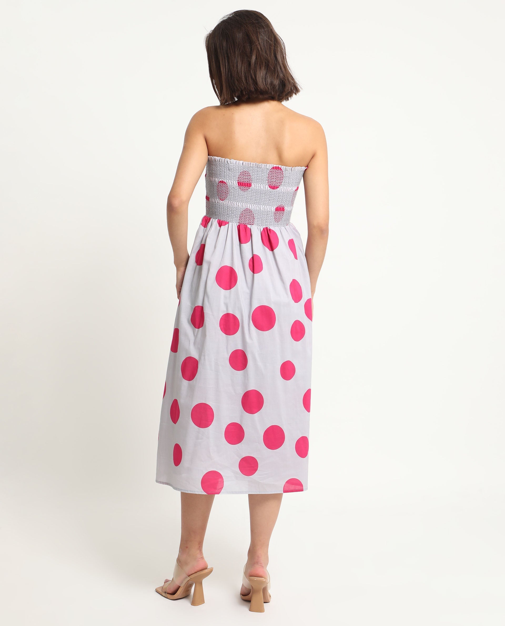 Rareism Women's Mureel Grey Cotton Shoulder Strap Polka Print Shoulder Strap Knee Length Fit And Flare Dress