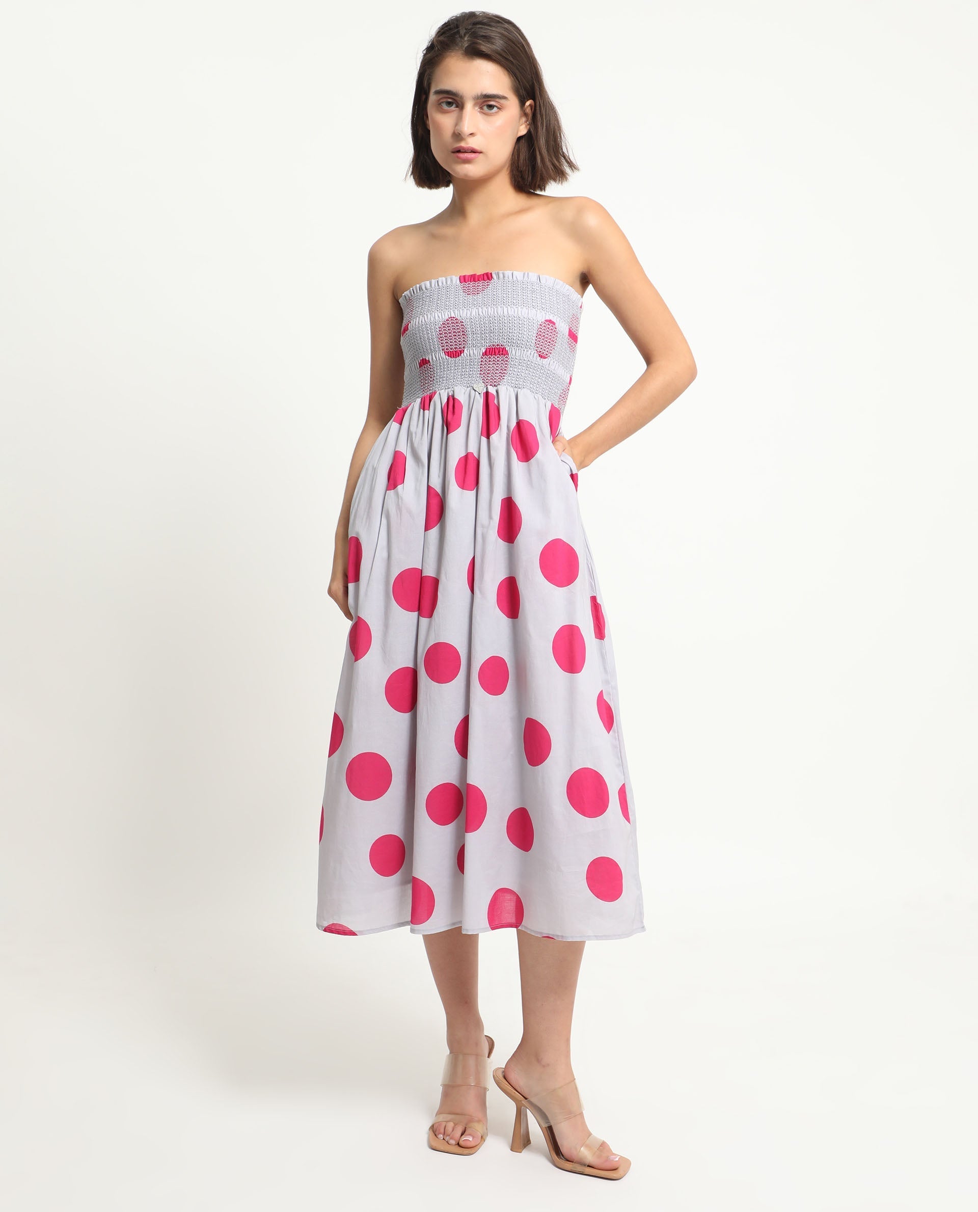 Rareism Women's Mureel Grey Cotton Shoulder Strap Polka Print Shoulder Strap Knee Length Fit And Flare Dress