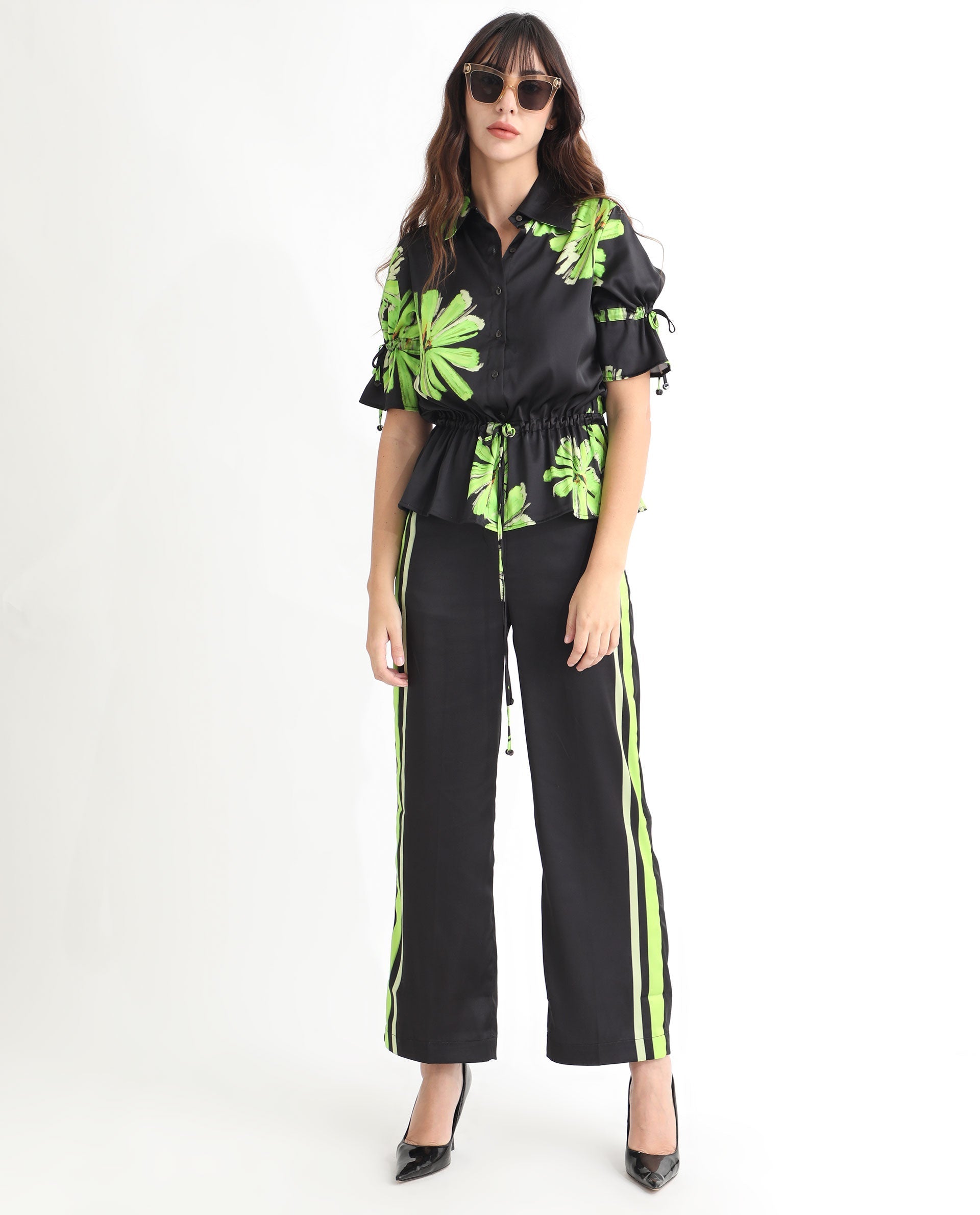 Rareism Women Murphy Black Polyester Fabric Short Sleeves Button Closure Shirt Collar Regular Fit Floral Print Top