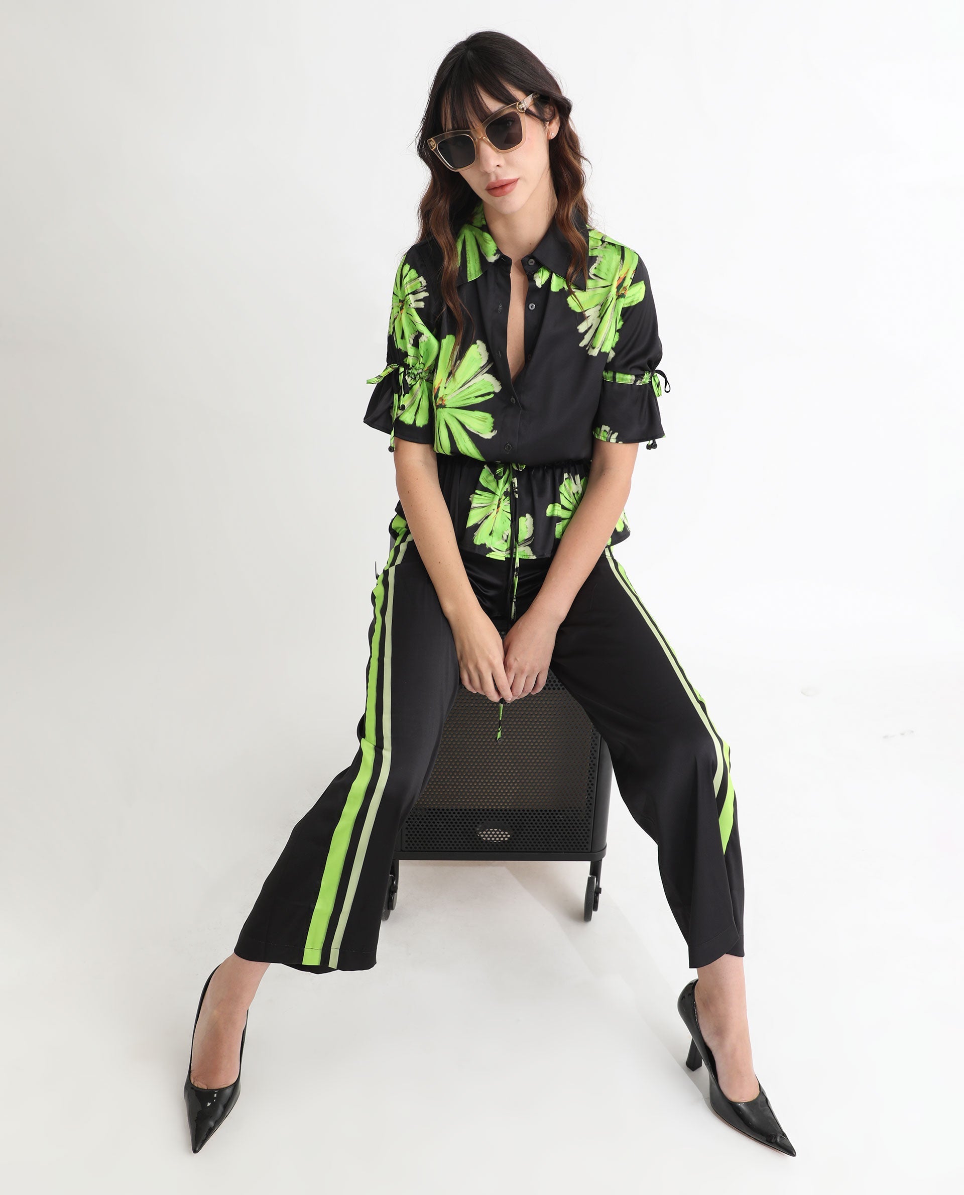 Rareism Women Murphy Black Polyester Fabric Short Sleeves Button Closure Shirt Collar Regular Fit Floral Print Top