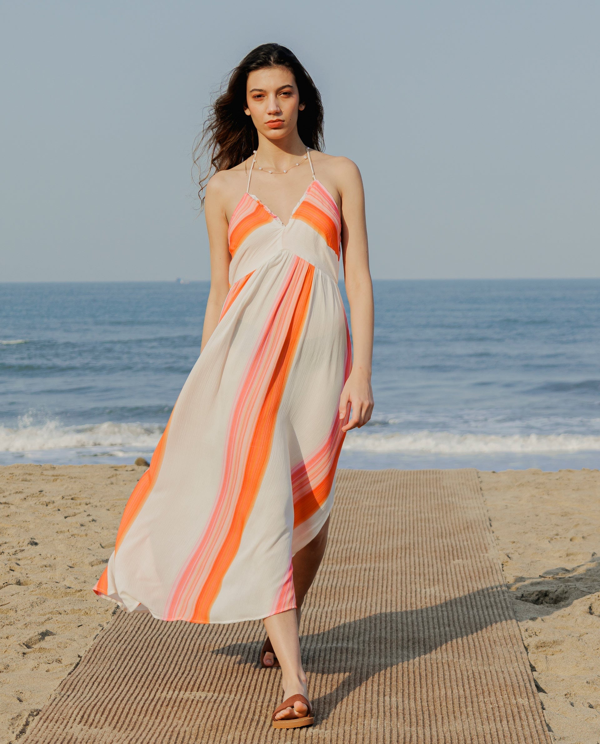 Rareism Women Muse Multi Viscose Fabric Tie-Up Closure Halter Neck Sleeveless Fit And Flare Striped Maxi Dress