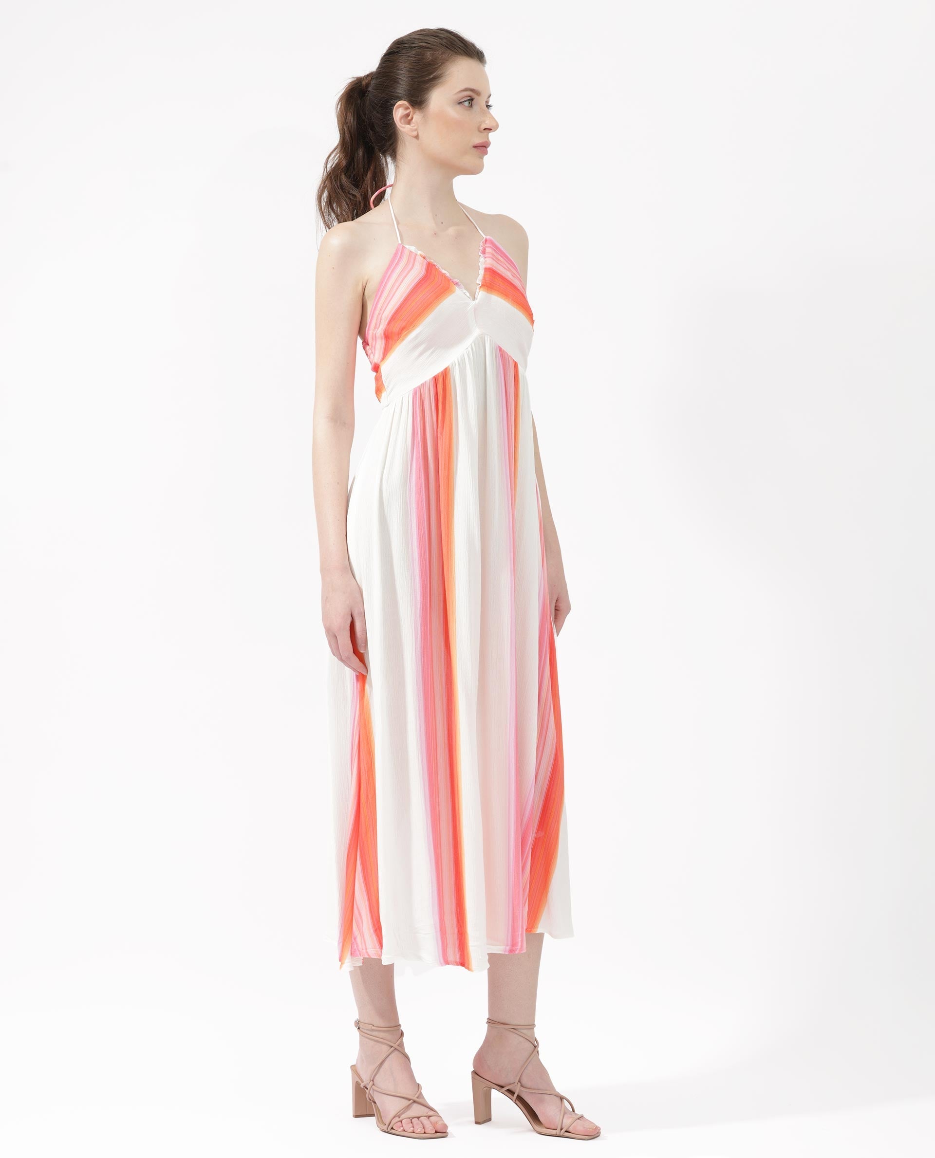 Rareism Women Muse Multi Viscose Fabric Tie-Up Closure Halter Neck Sleeveless Fit And Flare Striped Maxi Dress