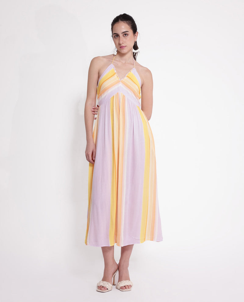 Rareism Women Muse Pastel Purple Viscose Fabric Sleeveless Halter Neck Tie Up Closure Fit And Flare Maxi Broad Stripes Dress