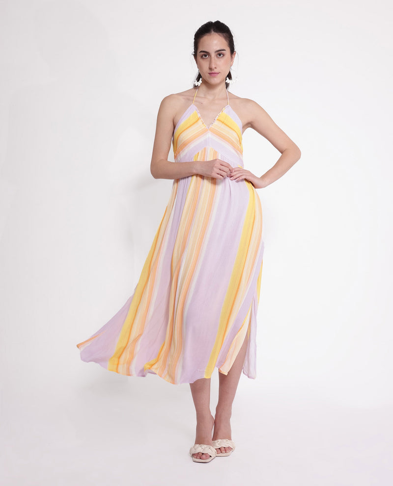 Rareism Women Muse Pastel Purple Viscose Fabric Sleeveless Halter Neck Tie Up Closure Fit And Flare Maxi Broad Stripes Dress