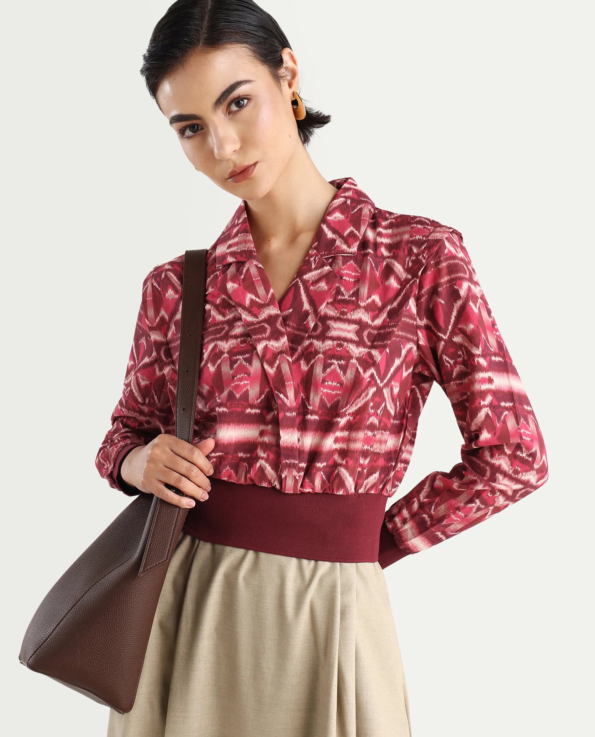 Rareism Women's Mus Multi Nylon Blend V-Neck Abstract Print Cuffed Sleeve Regular Fit Top