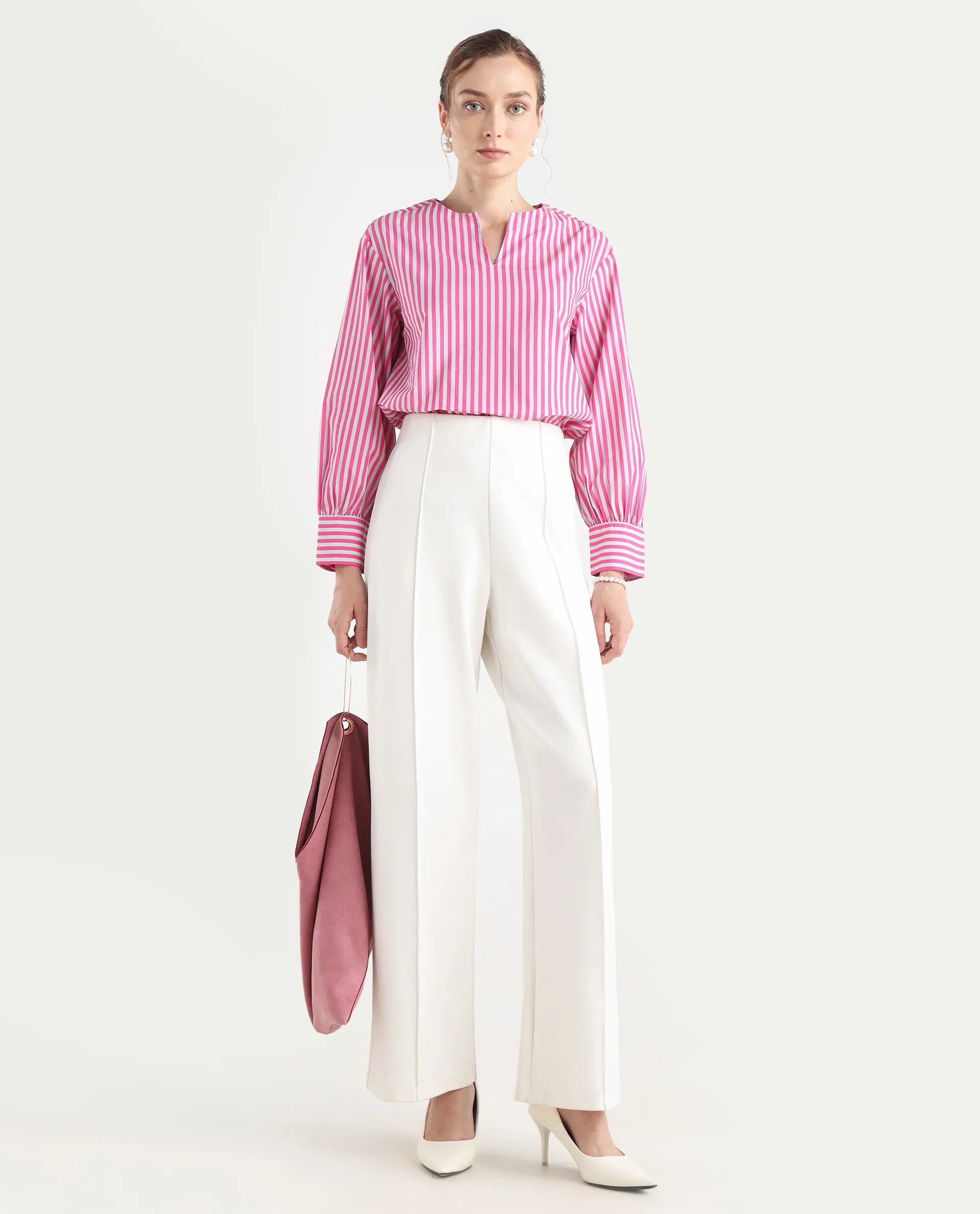 Rareism Women's Myrto Pink Cotton Crew Neck Striped Cuffed Sleeve Regular Fit Top