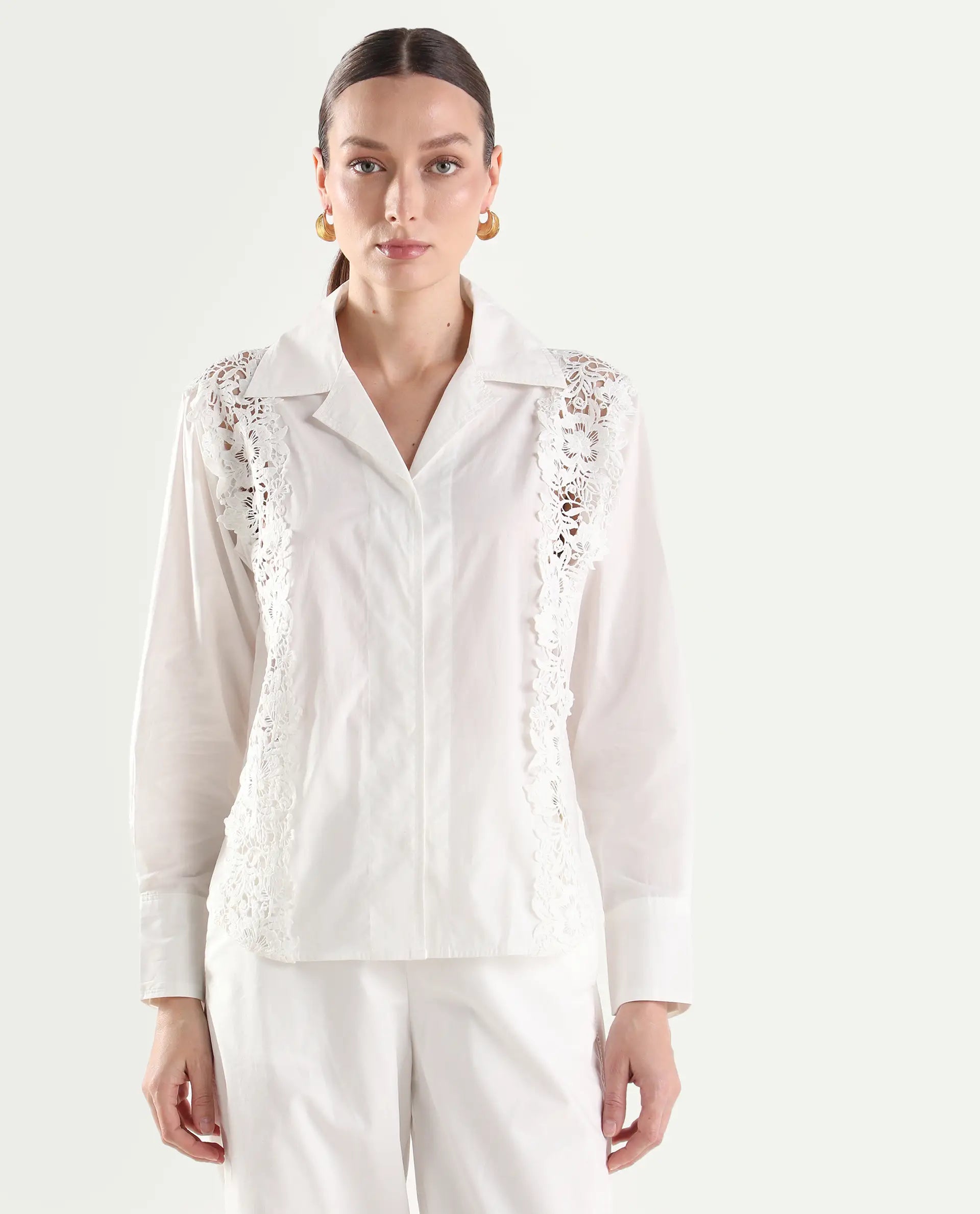 Rareism Women's Mysa-T Off White Cotton Blend Full Sleeve Lapel Neck Relaxed Plain Shirt