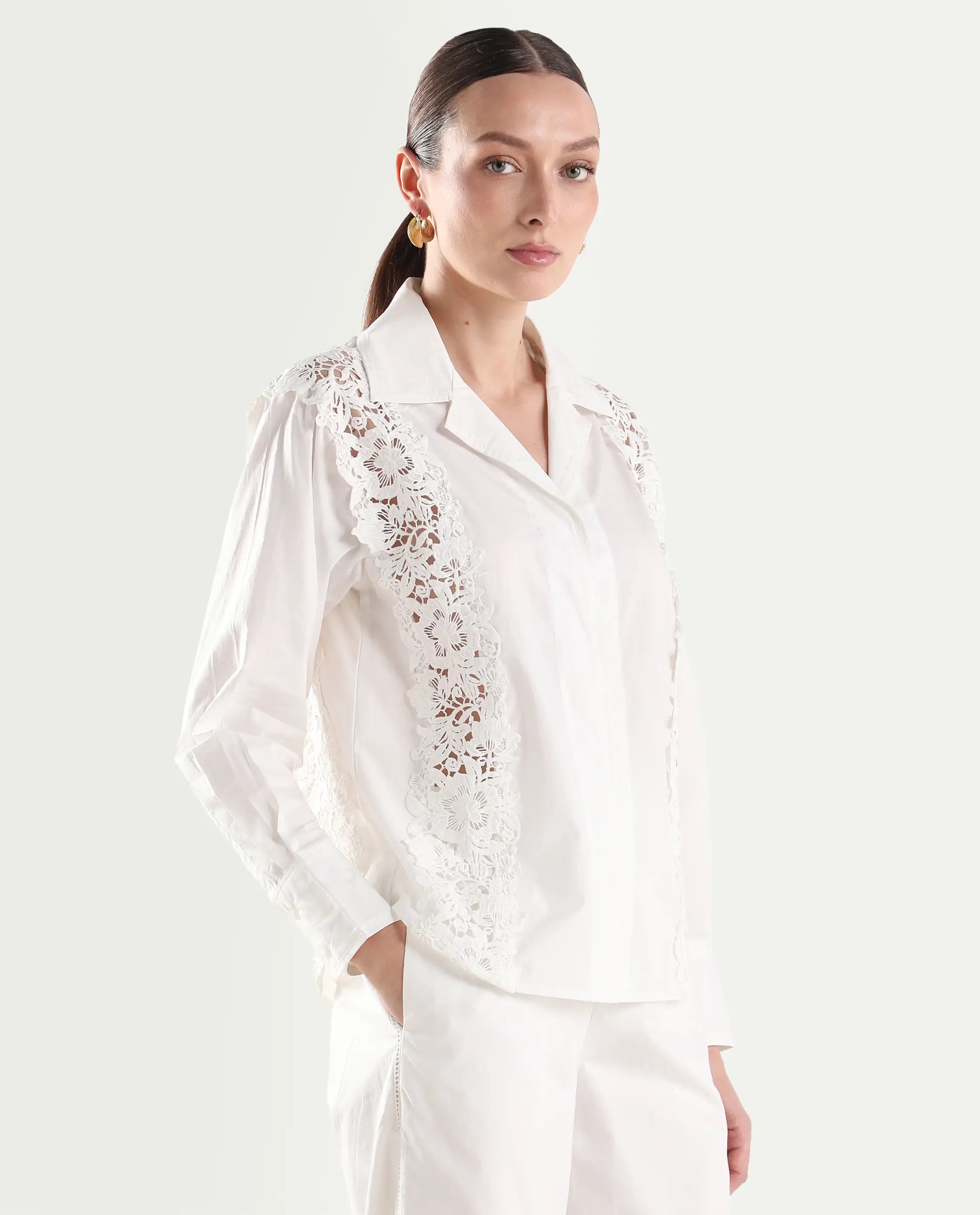 Rareism Women's Mysa-T Off White Cotton Blend Full Sleeve Lapel Neck Relaxed Plain Shirt