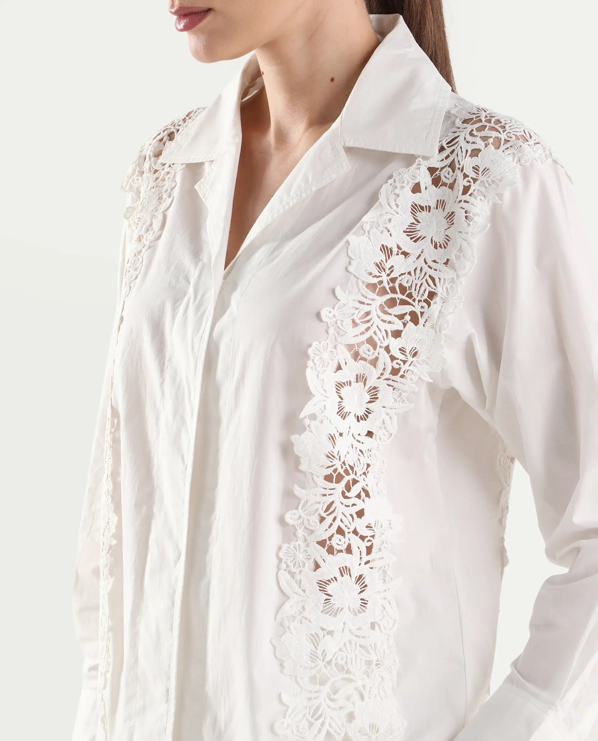 Rareism Women's Mysa-T Off White Cotton Blend Full Sleeve Lapel Neck Relaxed Plain Shirt