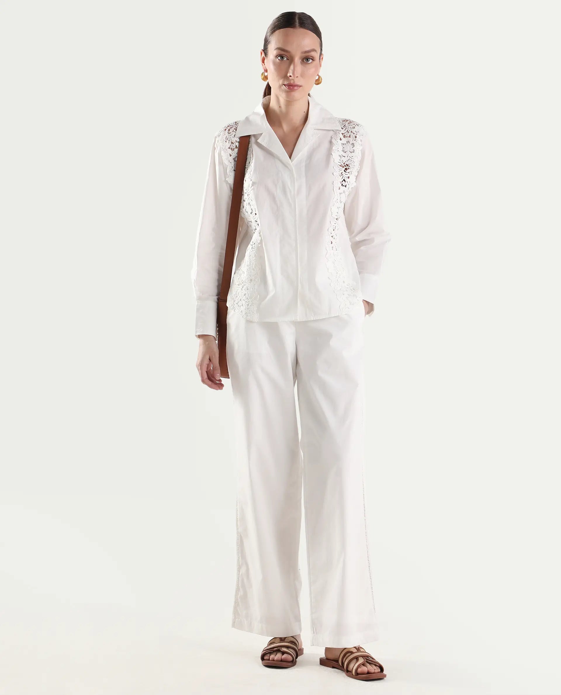 Rareism Women's Mysa-T Off White Cotton Blend Full Sleeve Lapel Neck Relaxed Plain Shirt