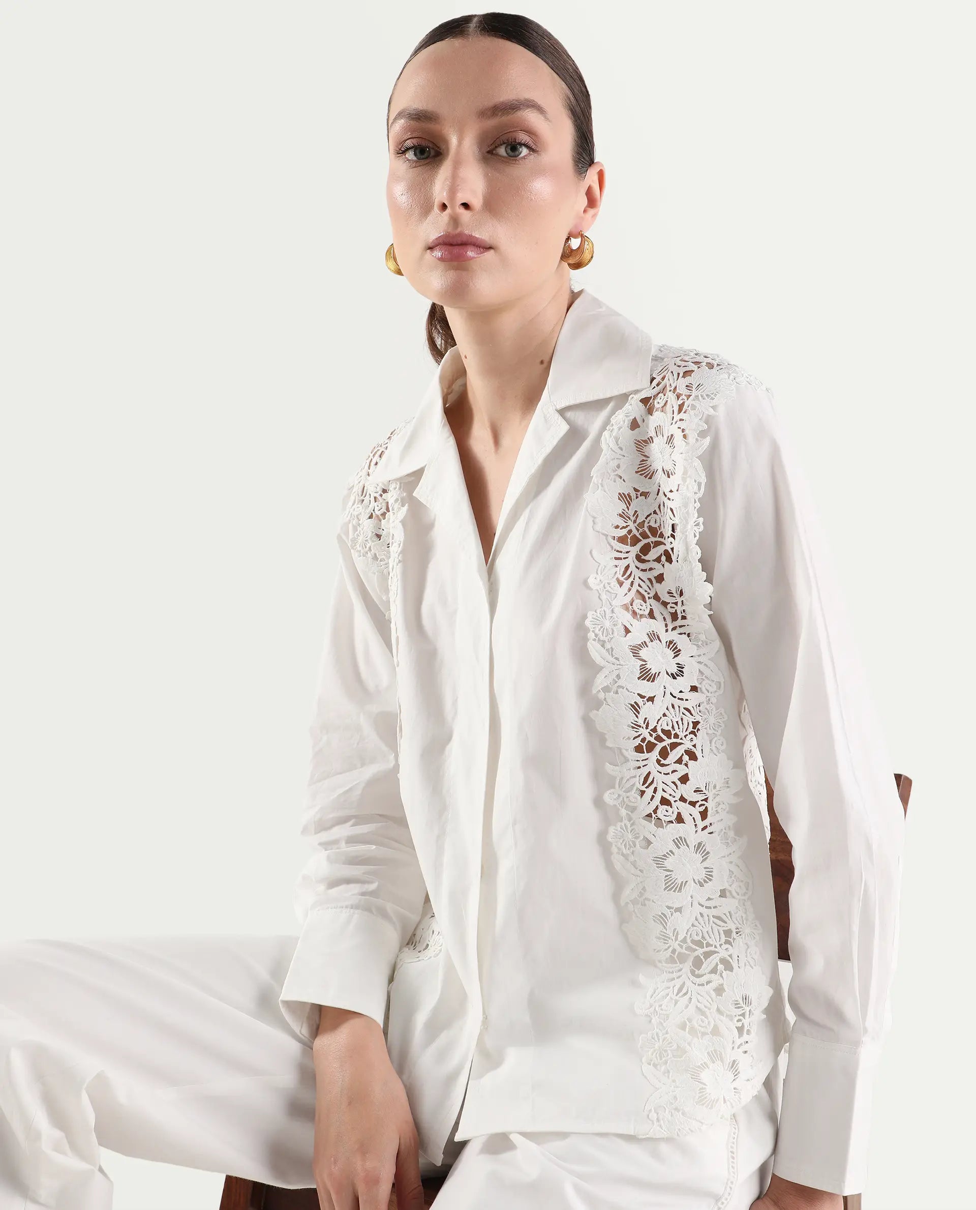 Rareism Women's Mysa-T Off White Cotton Blend Full Sleeve Lapel Neck Relaxed Plain Shirt