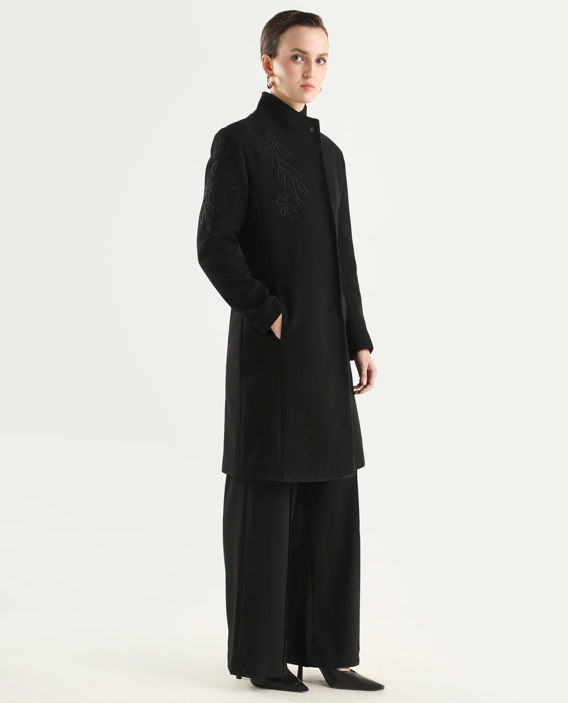 Rareism Women's Monchy Black Polyester Blend High Neck Regular Fit Coat