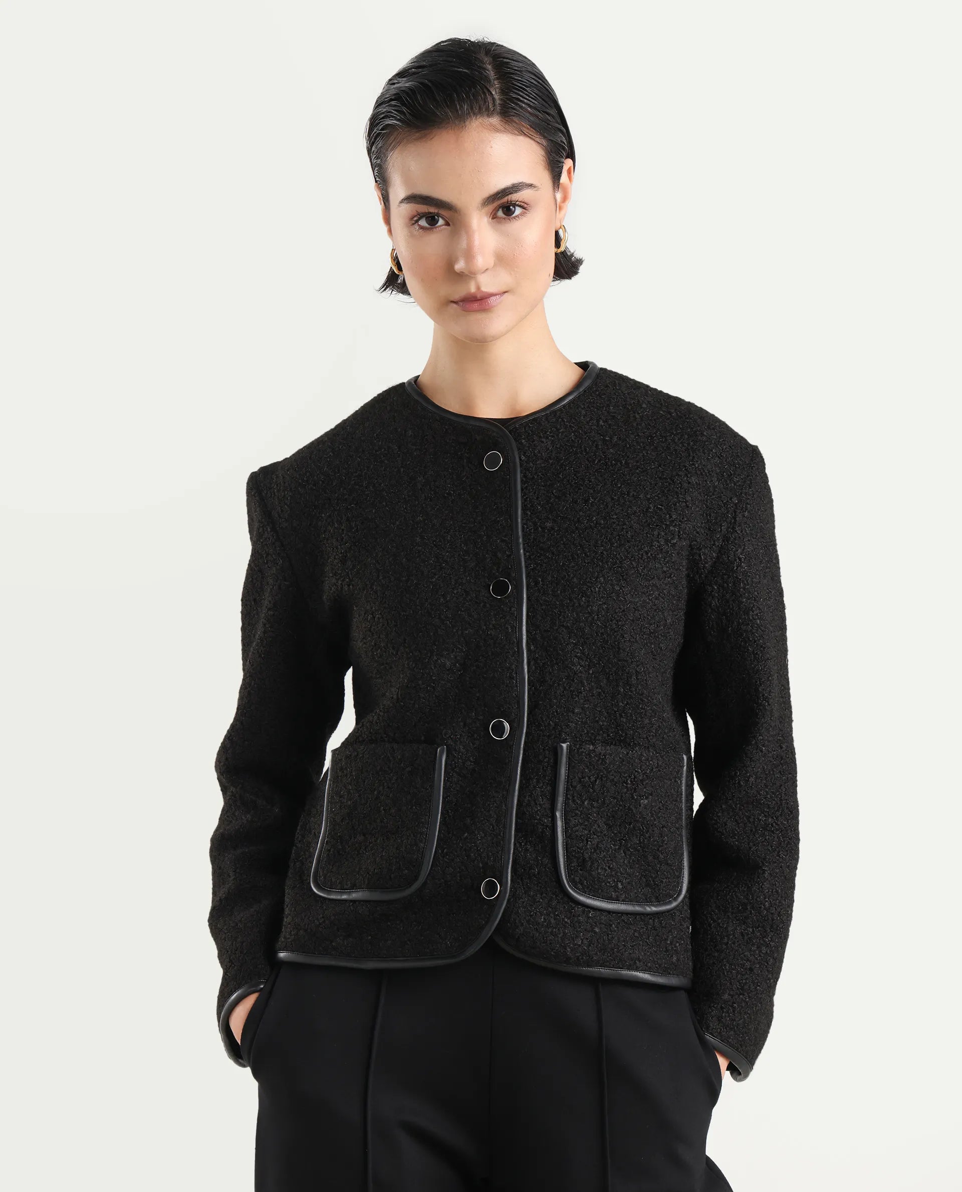 Rareism Women's Nabuc Black Polyester Jacket Plain Jacket