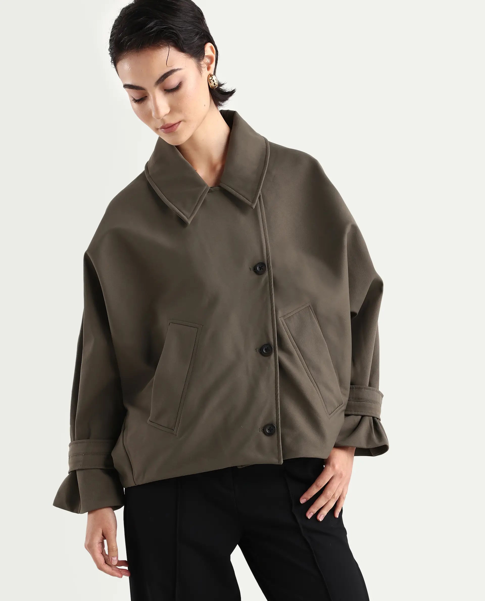 Rareism Women's Nacai Olive Polyester Spread Collar Relaxed Fit Jacket