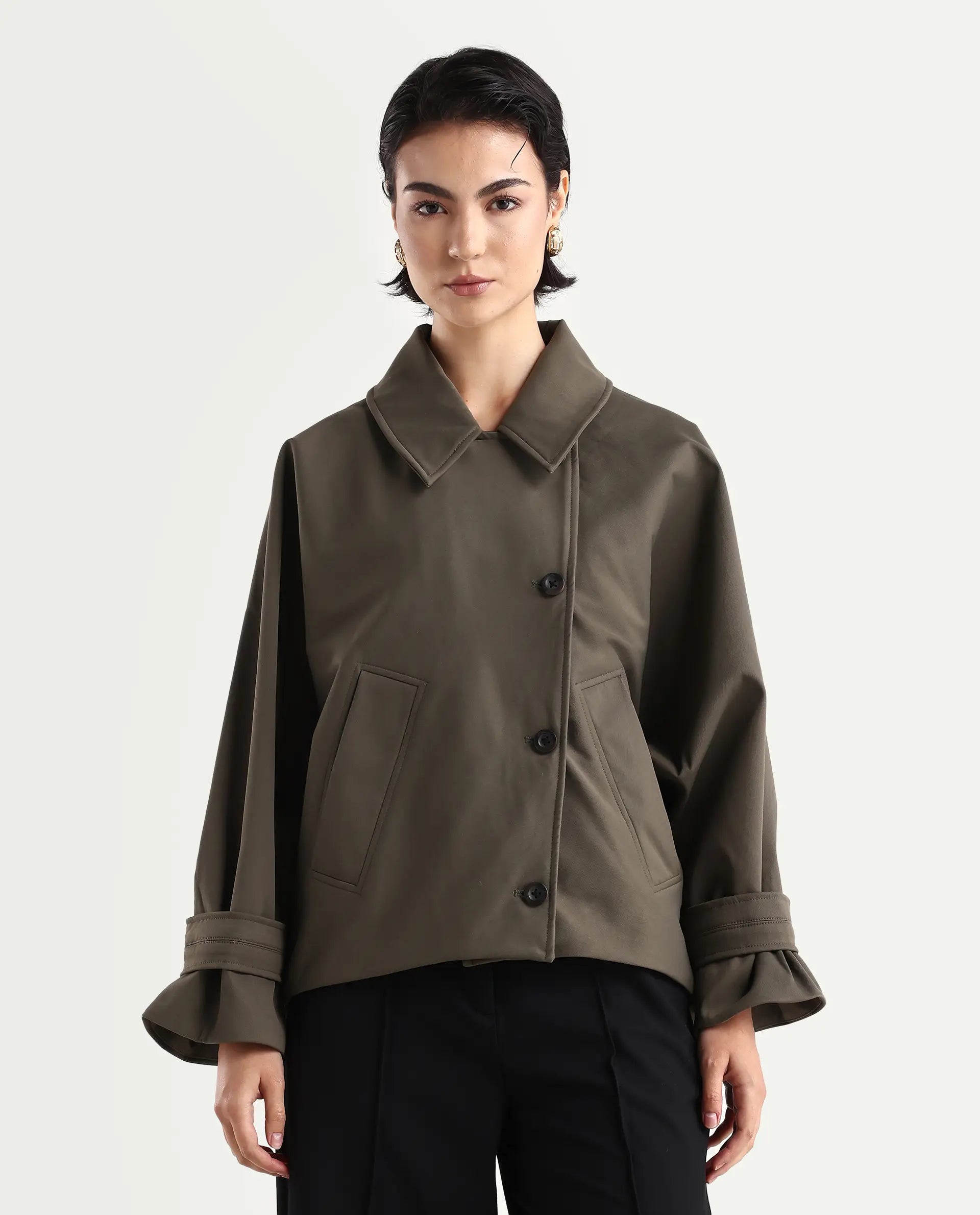 Rareism Women's Nacai Olive Polyester Spread Collar Relaxed Fit Jacket