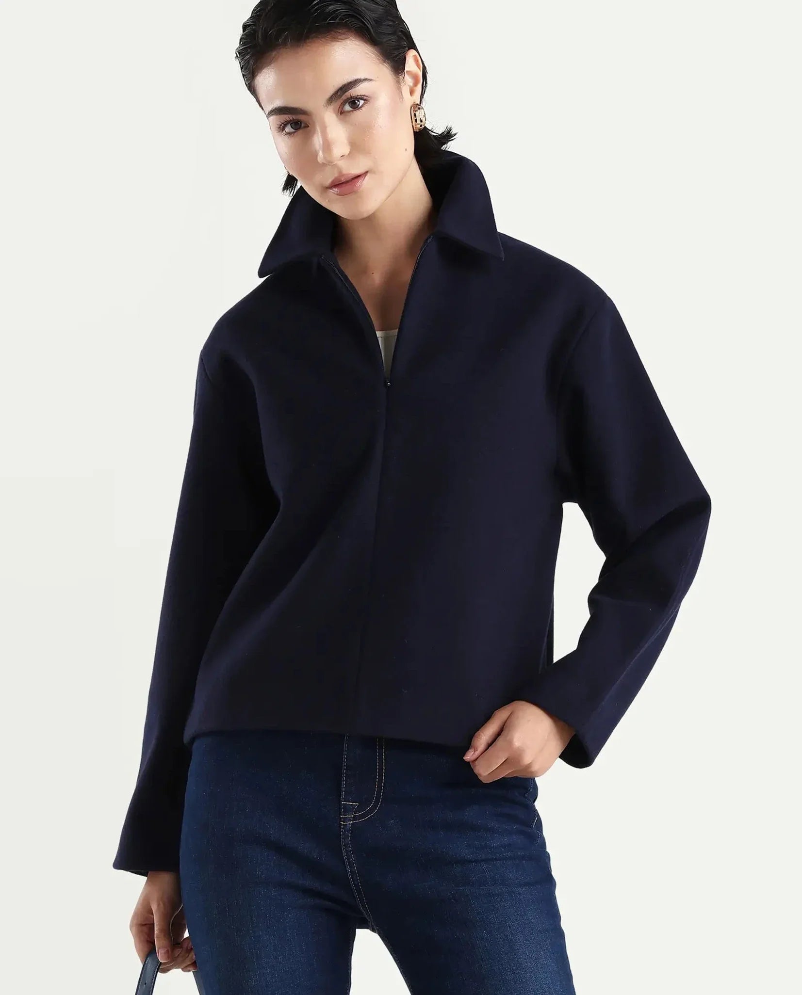 Rareism Women's Nacoz Navy Polyester Blend Spread Collar Regular Fit Jacket