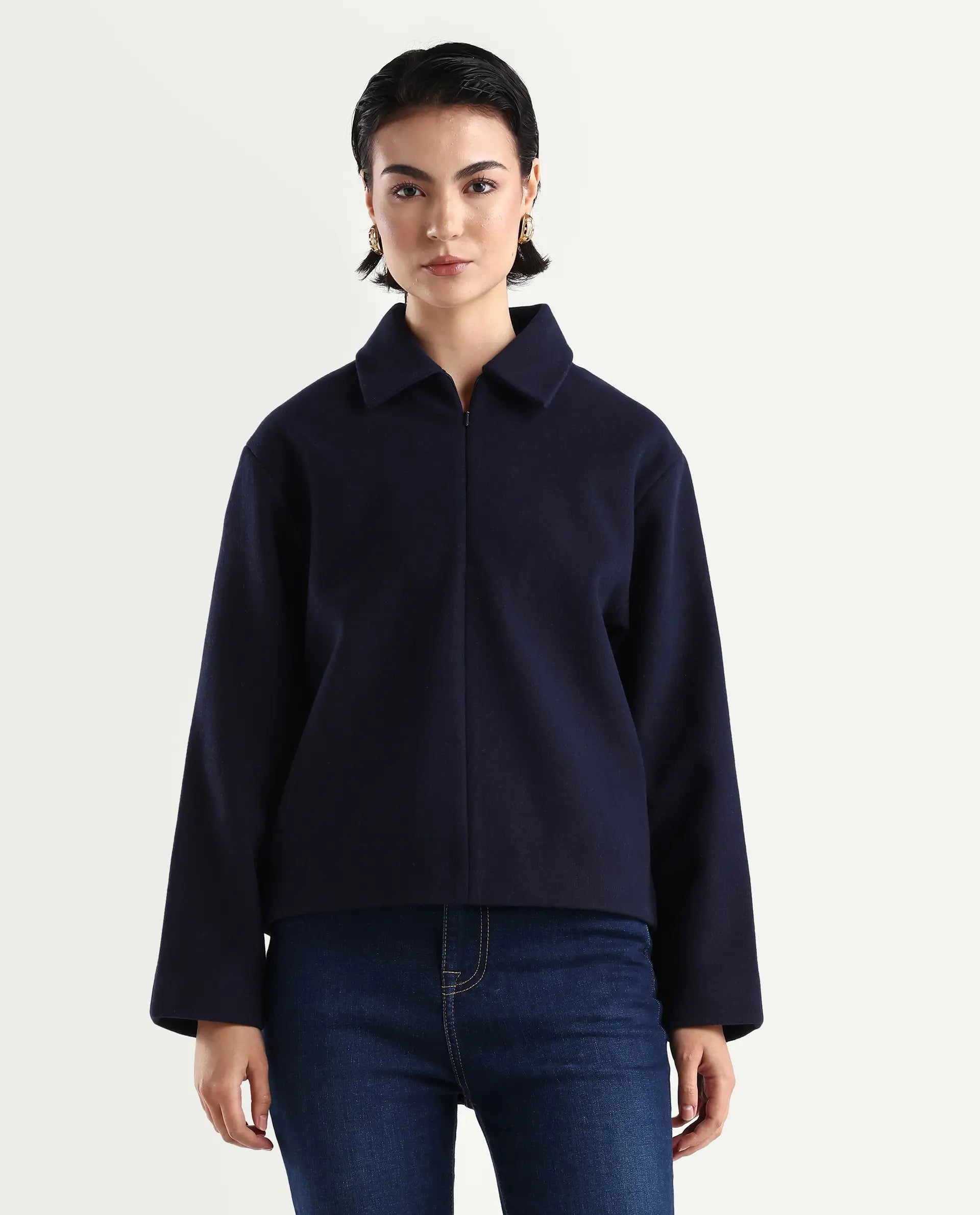 Rareism Women's Nacoz Navy Polyester Blend Spread Collar Regular Fit Jacket