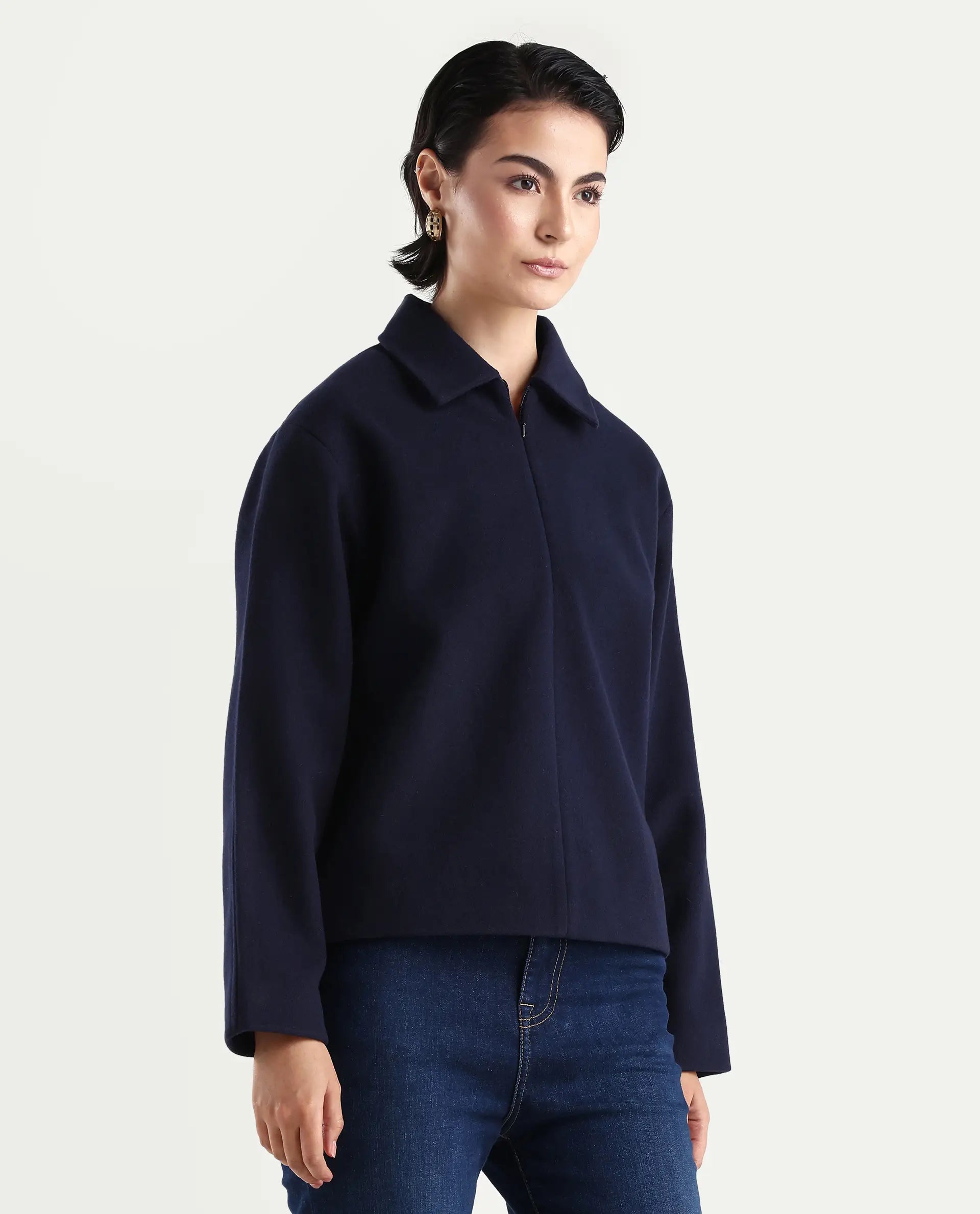 Rareism Women's Nacoz Navy Polyester Blend Spread Collar Regular Fit Jacket