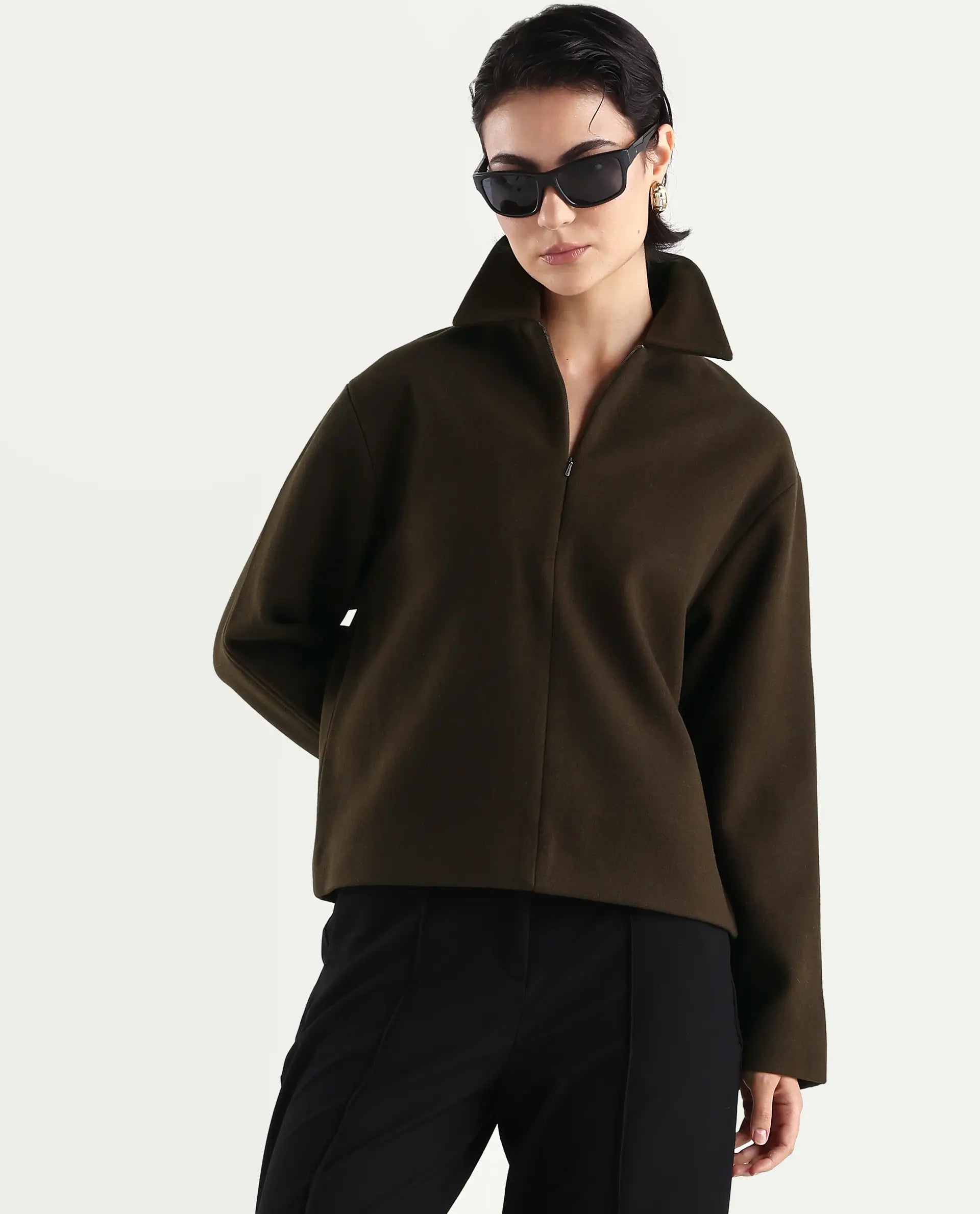 Rareism Women's Nacoz Olive Polyester Blend Spread Collar Regular Fit Jacket