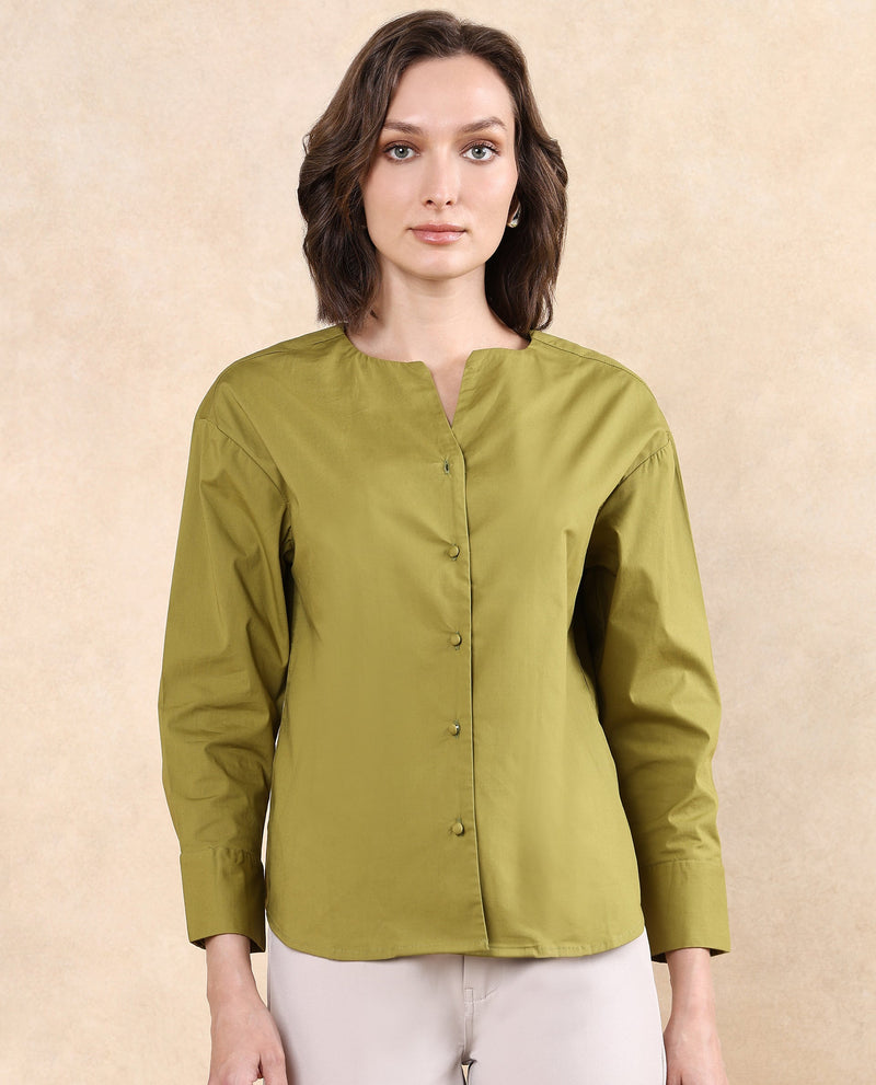 Rareism Women Nagoya Green Cuffed Sleeve Round Neck Button Plain Top