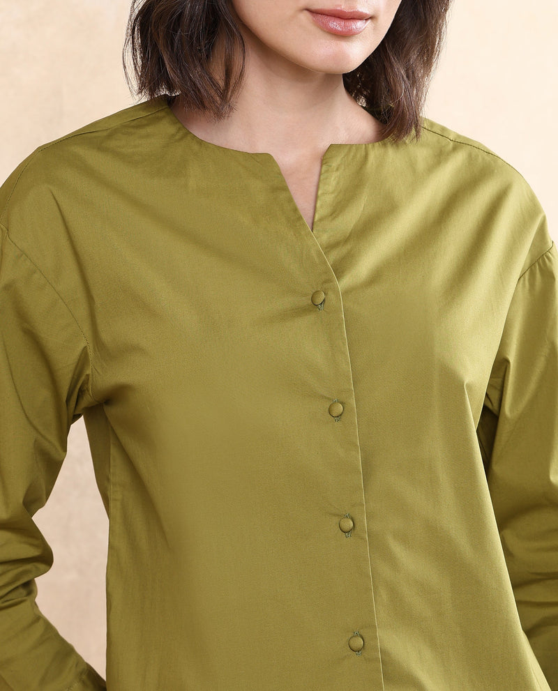 Rareism Women Nagoya Green Cuffed Sleeve Round Neck Button Plain Top