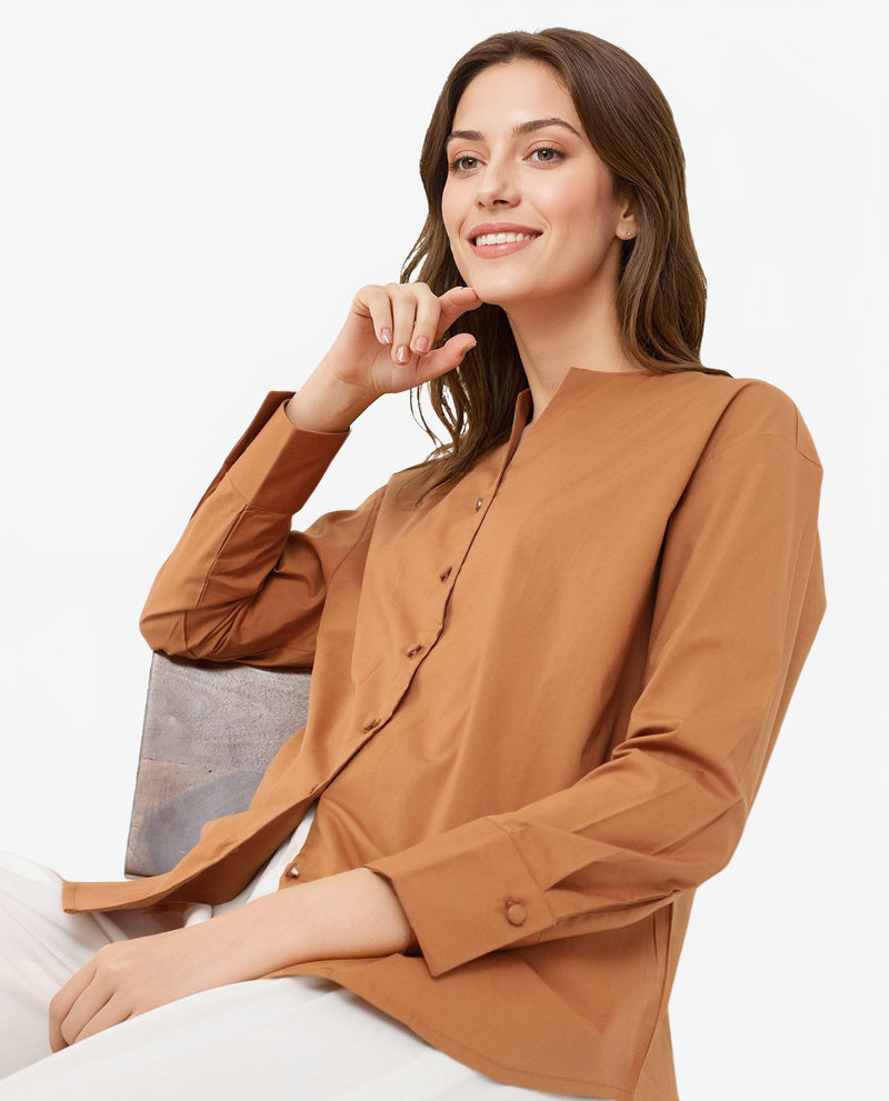 Rareism Women Nagoya Light Brown Cotton Full Sleeve Round Neck Top