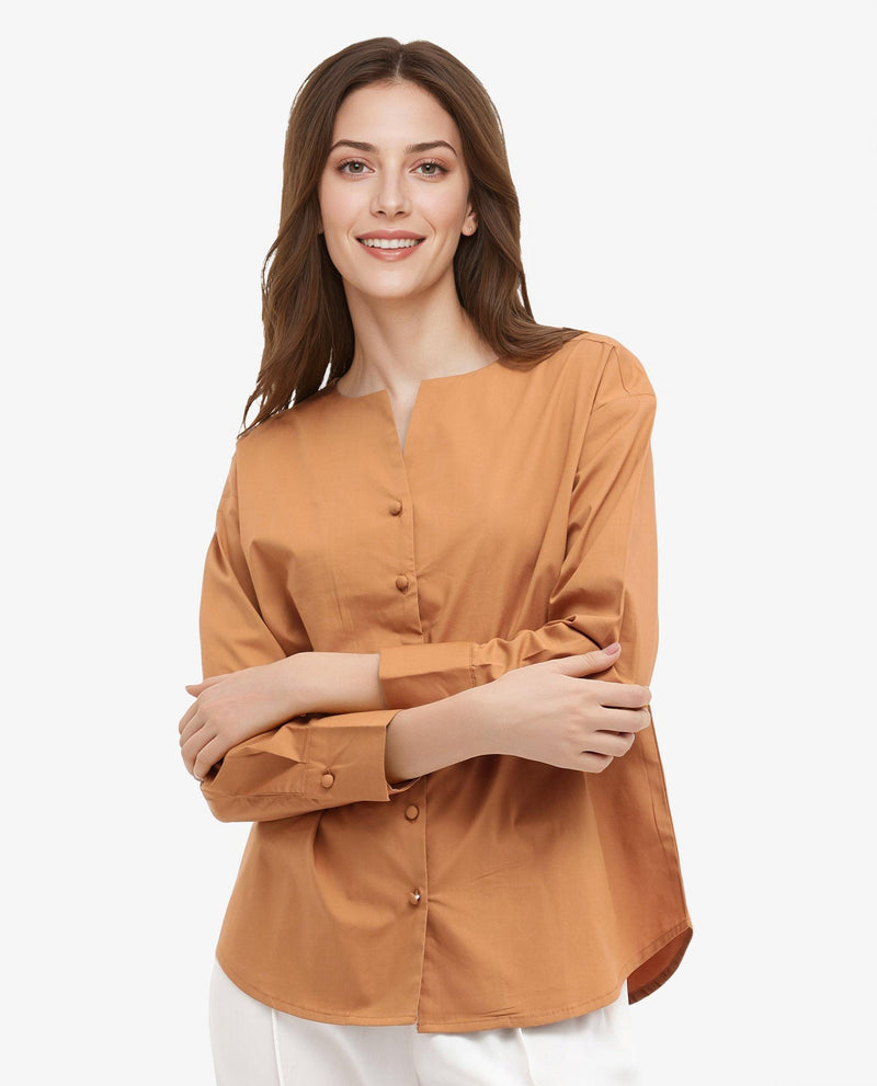 Rareism Women Nagoya Light Brown Cotton Full Sleeve Round Neck Top