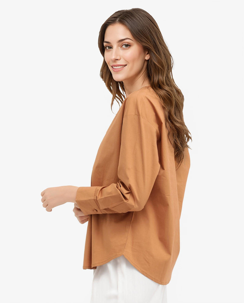 Rareism Women Nagoya Light Brown Cotton Full Sleeve Round Neck Top