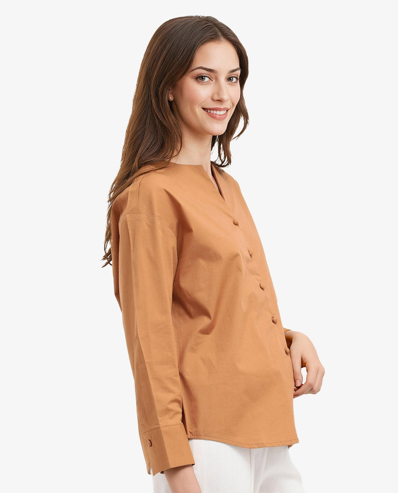 Rareism Women Nagoya Light Brown Cotton Full Sleeve Round Neck Top