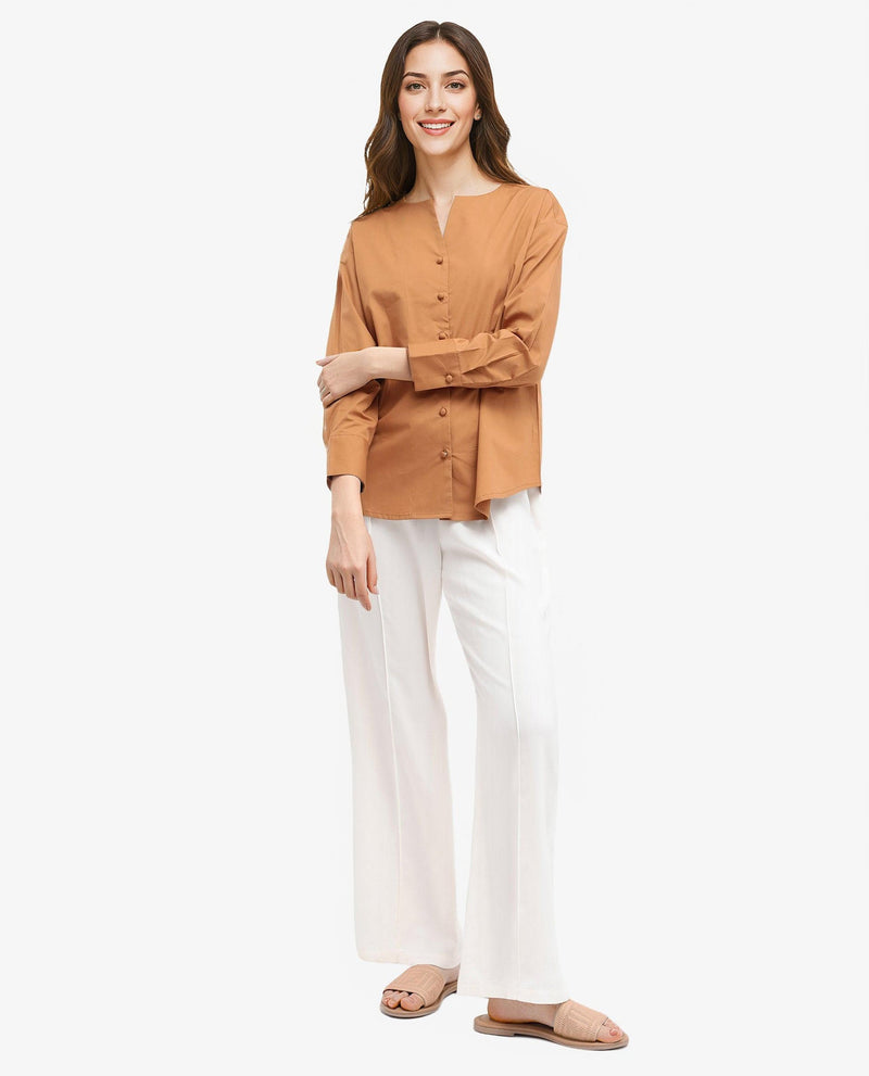 Rareism Women Nagoya Light Brown Cotton Full Sleeve Round Neck Top