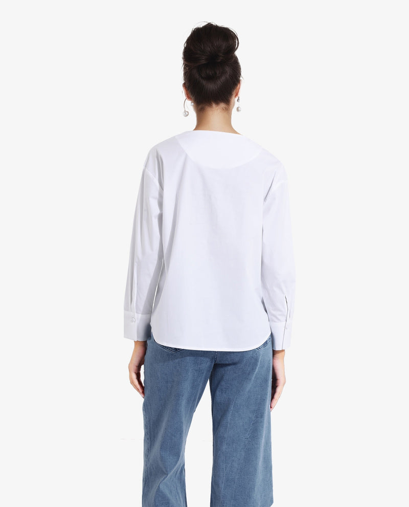 Rareism Women Nagoya White Cuffed Sleeve Round Neck Button Plain Top