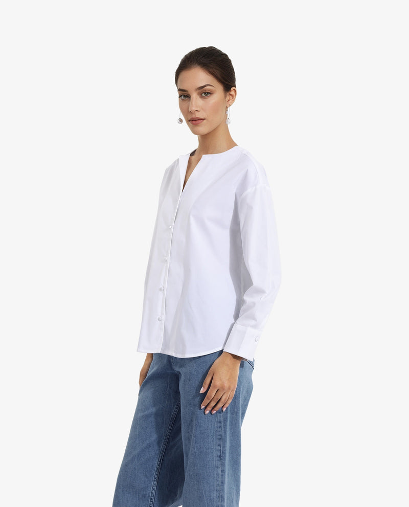 Rareism Women Nagoya White Cuffed Sleeve Round Neck Button Plain Top