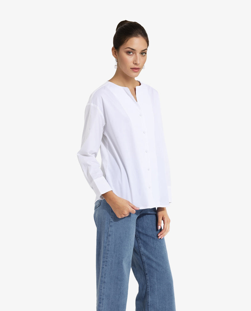 Rareism Women Nagoya White Cuffed Sleeve Round Neck Button Plain Top