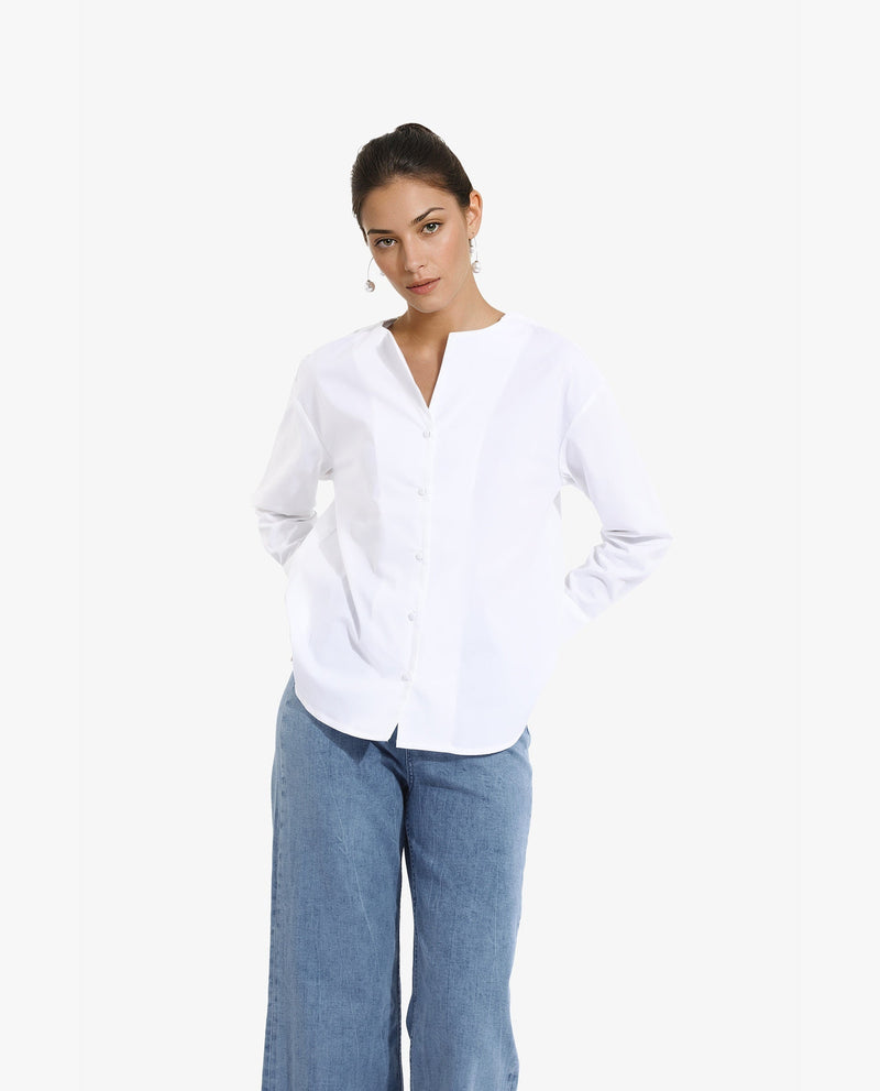 Rareism Women Nagoya White Cuffed Sleeve Round Neck Button Plain Top