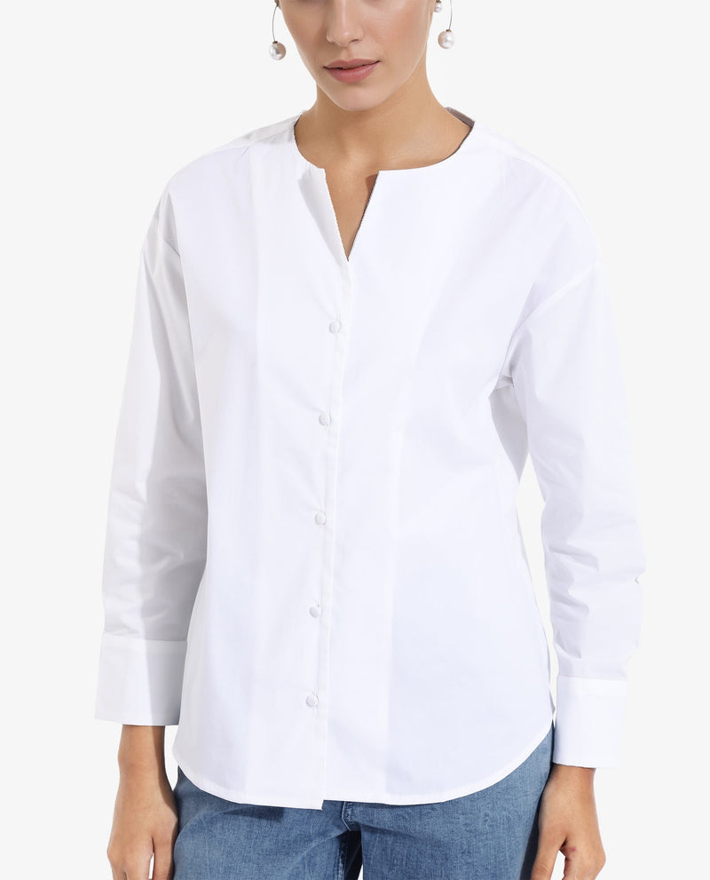 Rareism Women Nagoya White Cuffed Sleeve Round Neck Button Plain Top