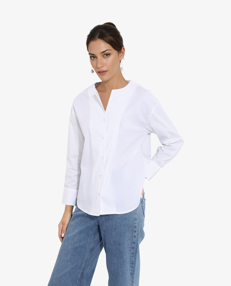 Rareism Women Nagoya White Cuffed Sleeve Round Neck Button Plain Top