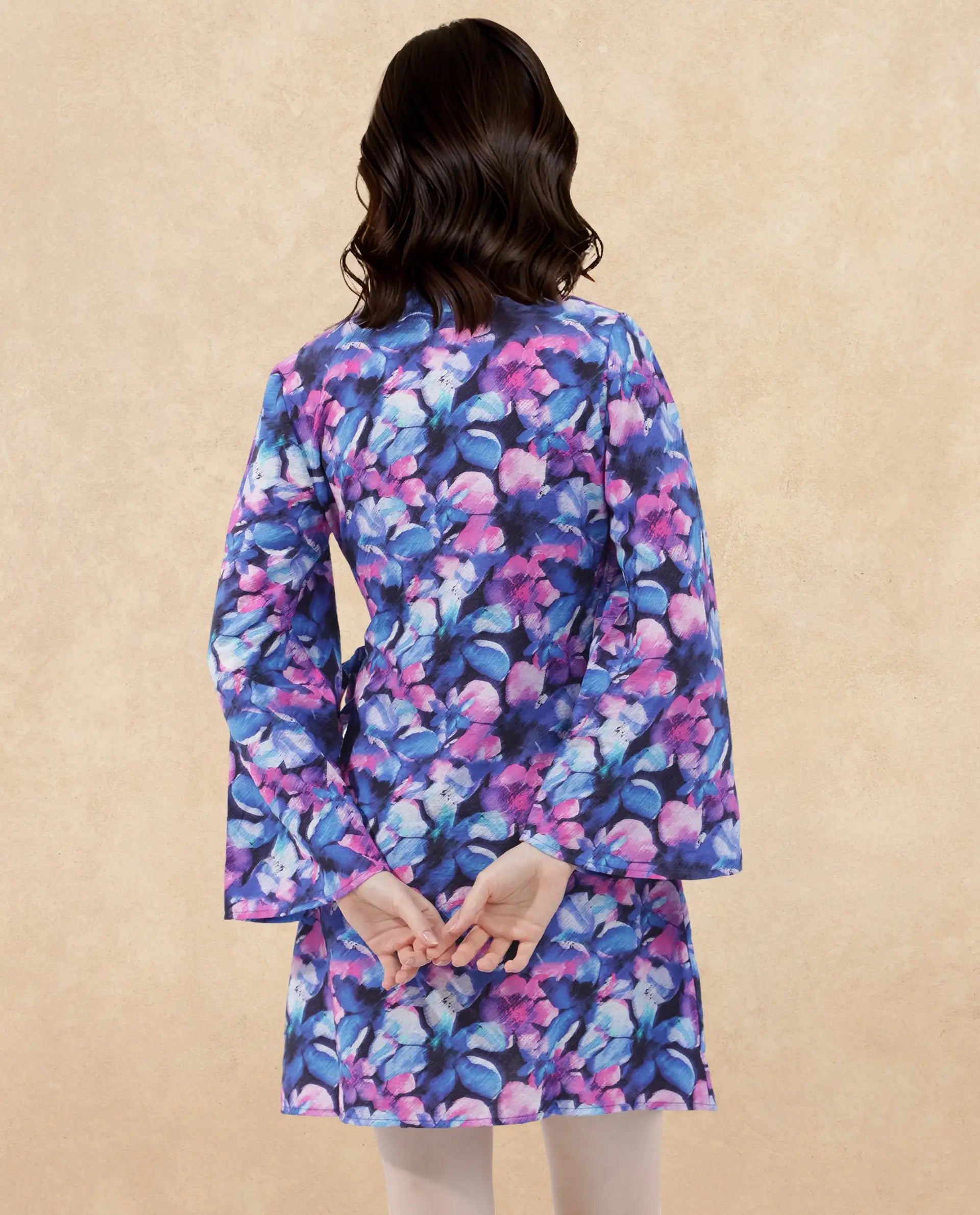 Rareism Women's Naho Multi Nylon Blend Overlap Neck Floral Print Mini Wrap Dress