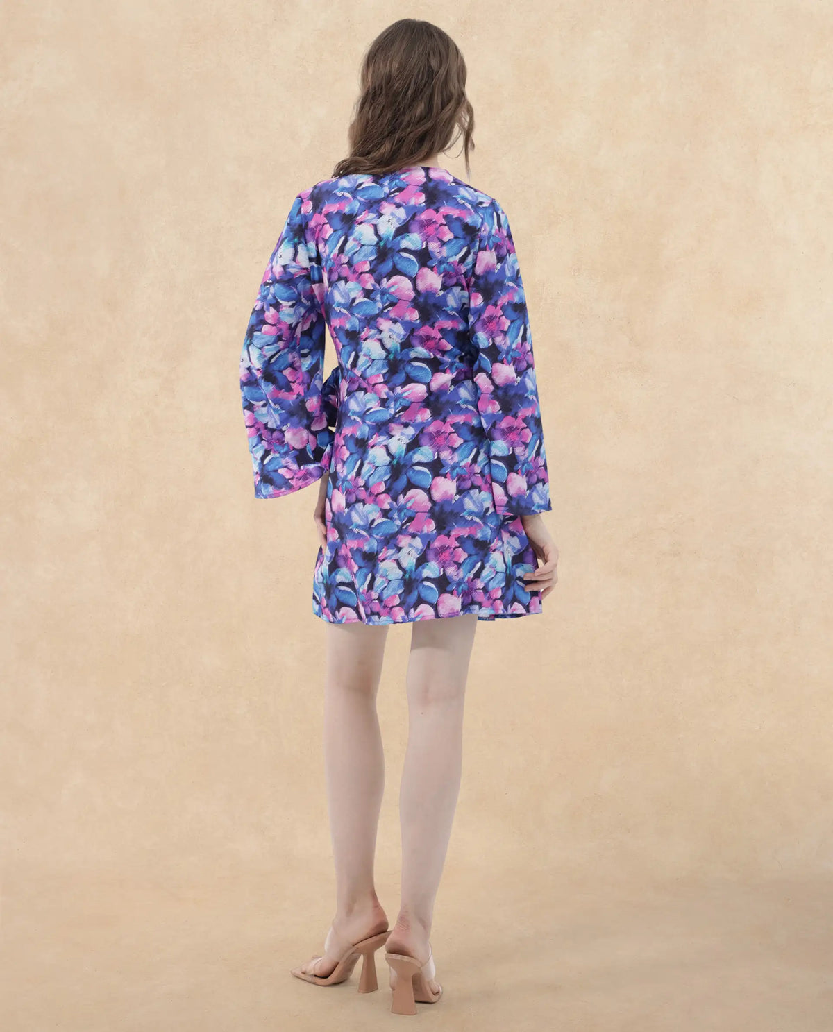 Rareism Women's Naho Multi Nylon Blend Overlap Neck Floral Print Mini Wrap Dress