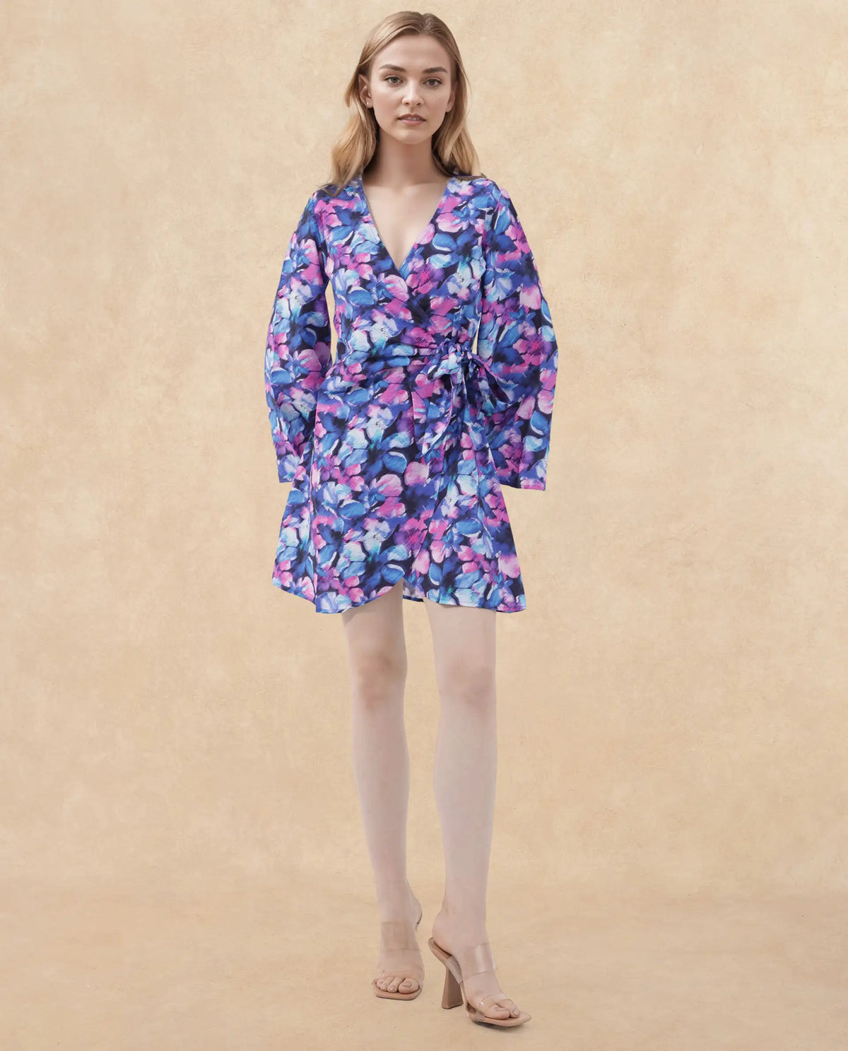 Rareism Women's Naho Multi Nylon Blend Overlap Neck Floral Print Mini Wrap Dress