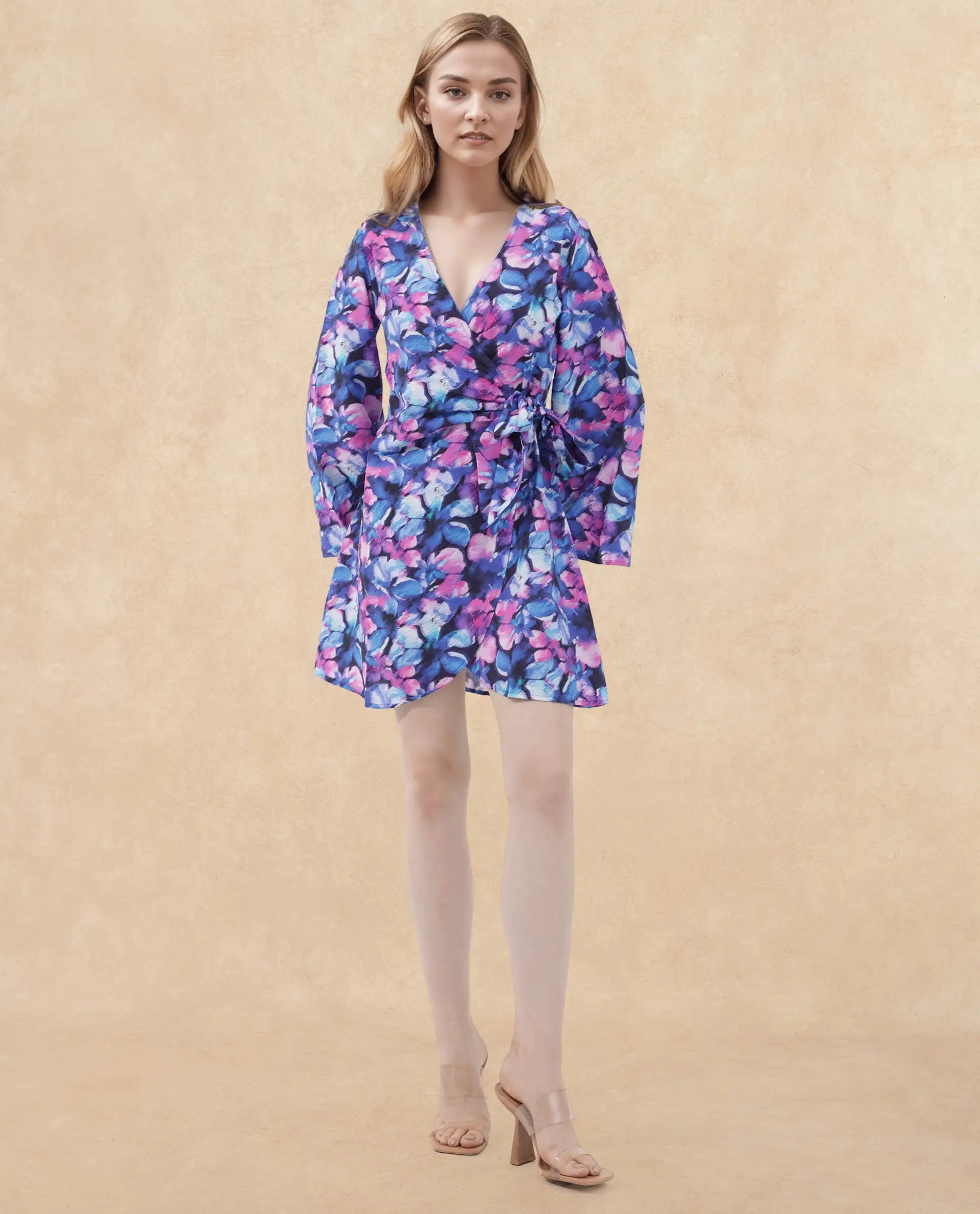 Rareism Women's Naho Multi Nylon Blend Overlap Neck Floral Print Mini Wrap Dress