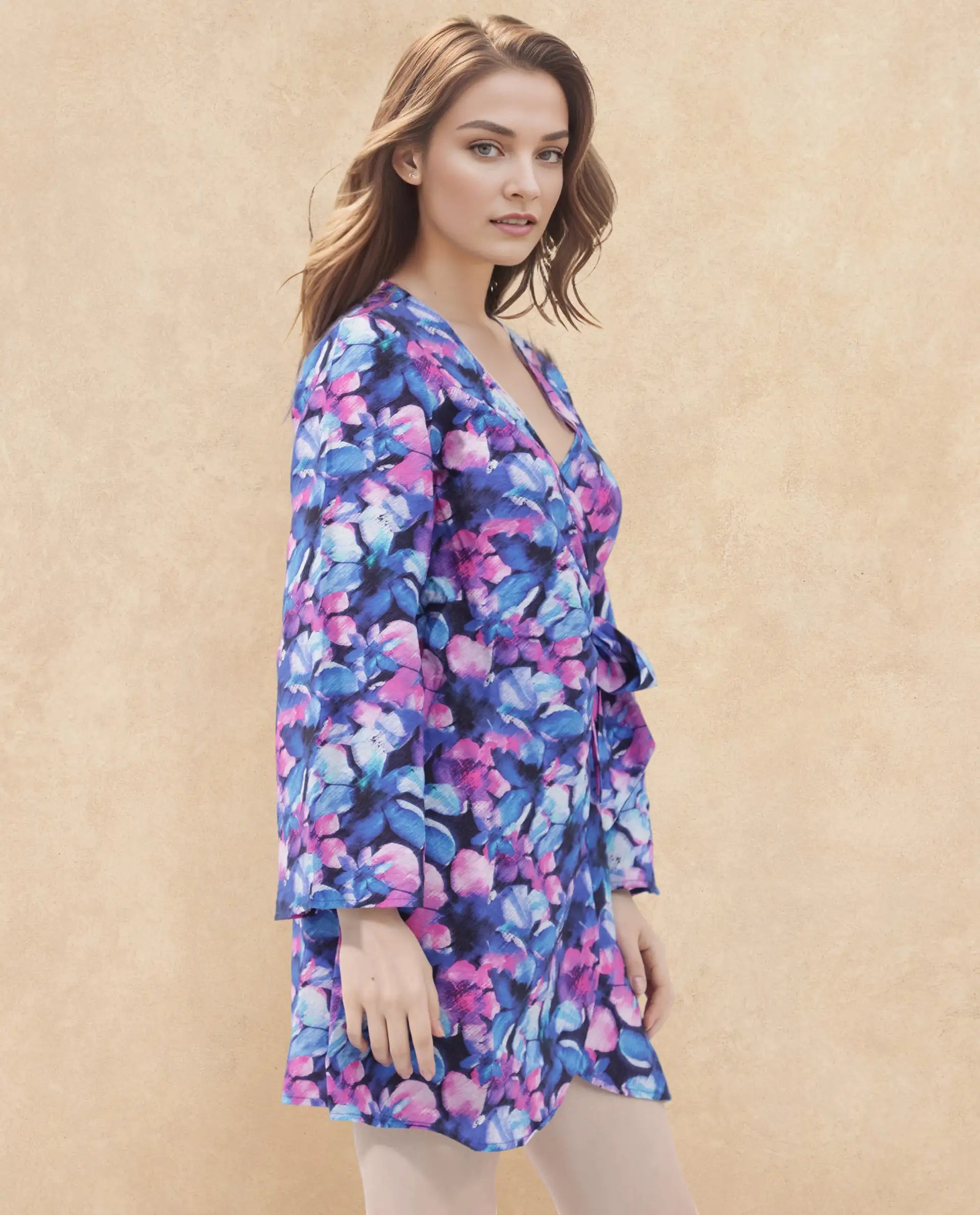 Rareism Women's Naho Multi Nylon Blend Overlap Neck Floral Print Mini Wrap Dress