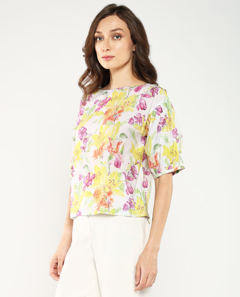 Rareism Women Naldu Multi Bishop Sleeve Crew Neck Floral Print Top