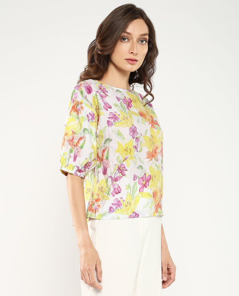 Rareism Women Naldu Multi Bishop Sleeve Crew Neck Floral Print Top