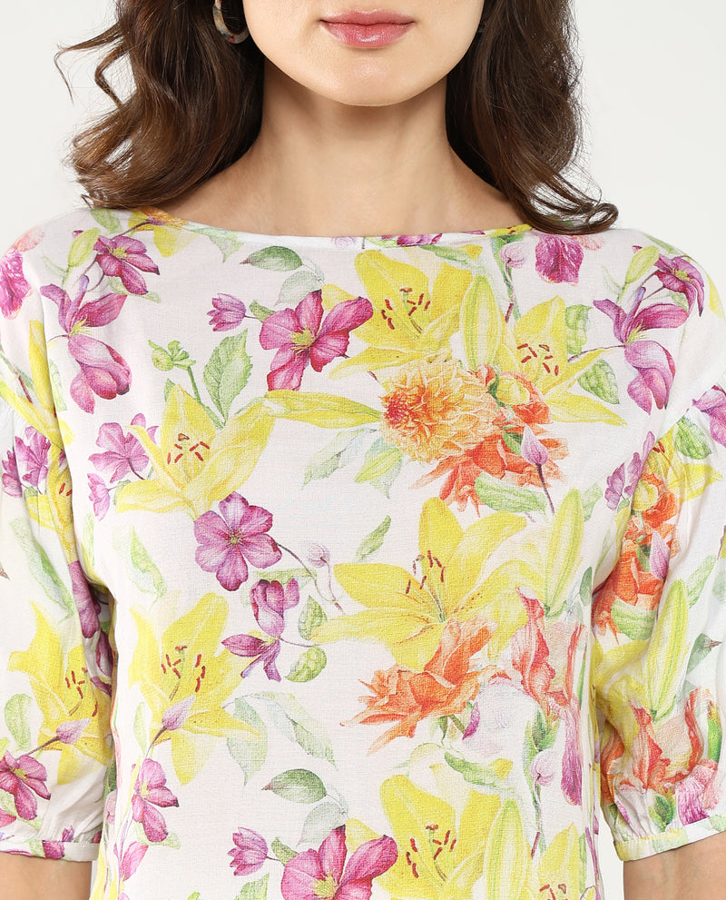 Rareism Women Naldu Multi Bishop Sleeve Crew Neck Floral Print Top