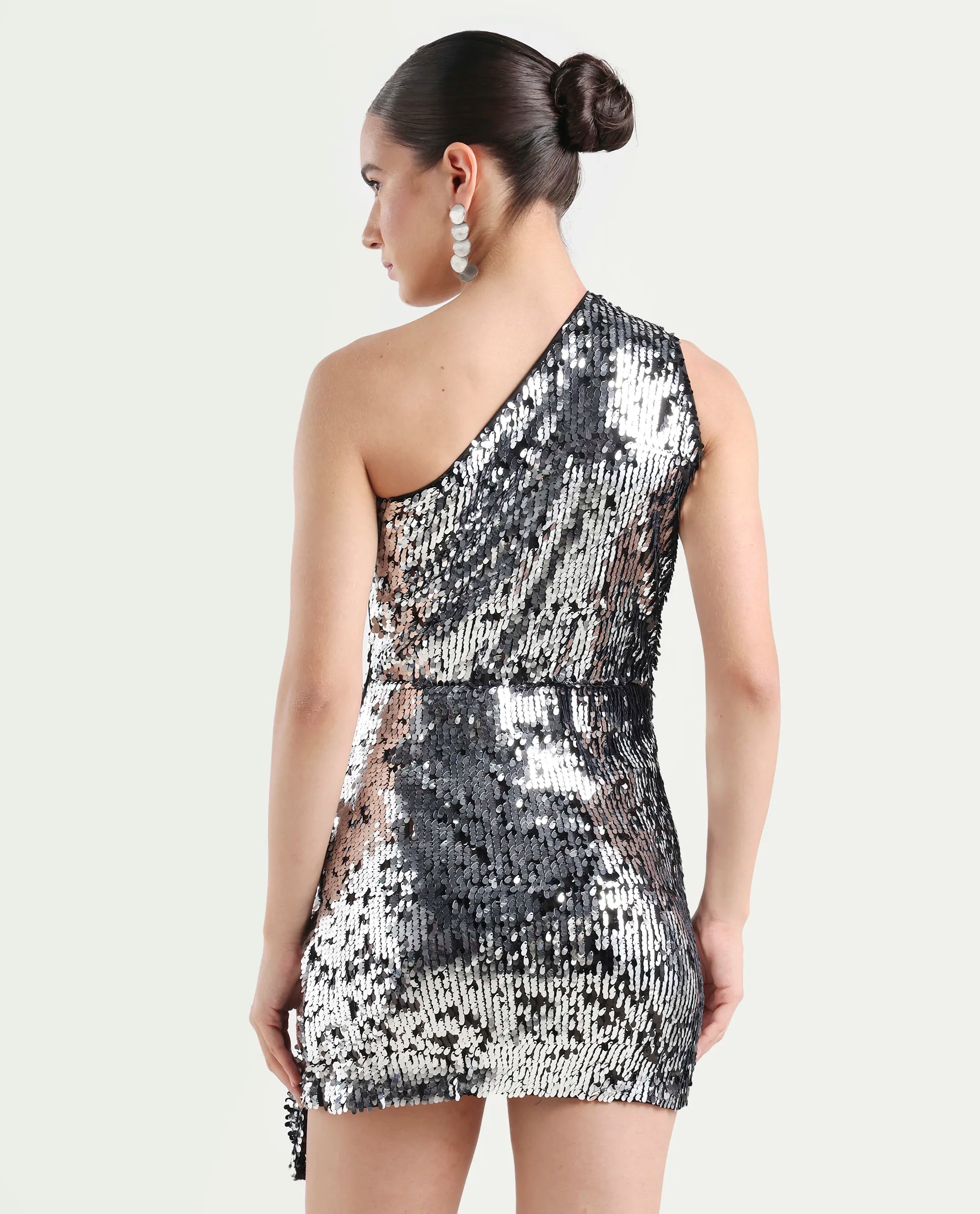 Rareism Women's Nala Sheen Silver Polyester Collarless Sequined Sleeveless Mini Regular Fit Dress