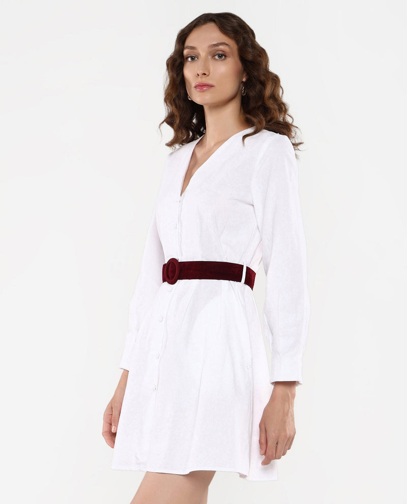 Rareism Women Nami White Cuffed Sleeves V-Neck Plain Dress