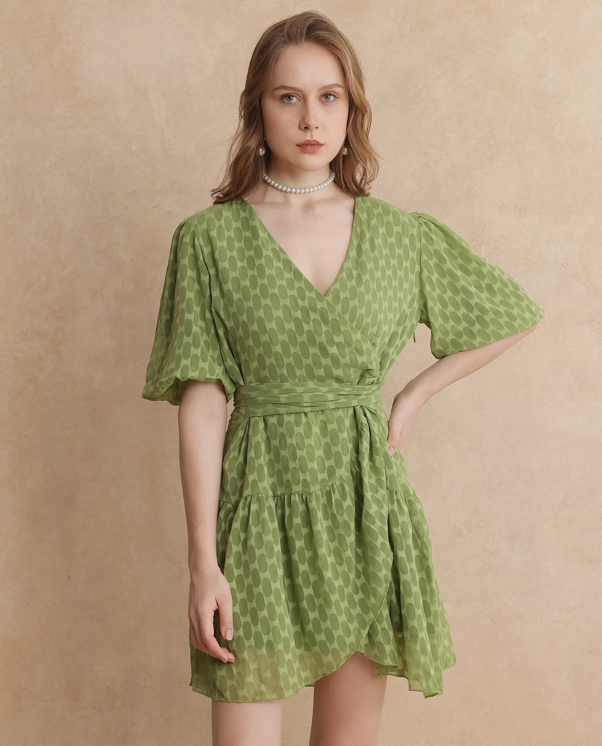 Rareism Women's Namika Light Green  V-Neck Tie-Up Closure Balloon Sleeve Plain Fit And Flare Mini Dress